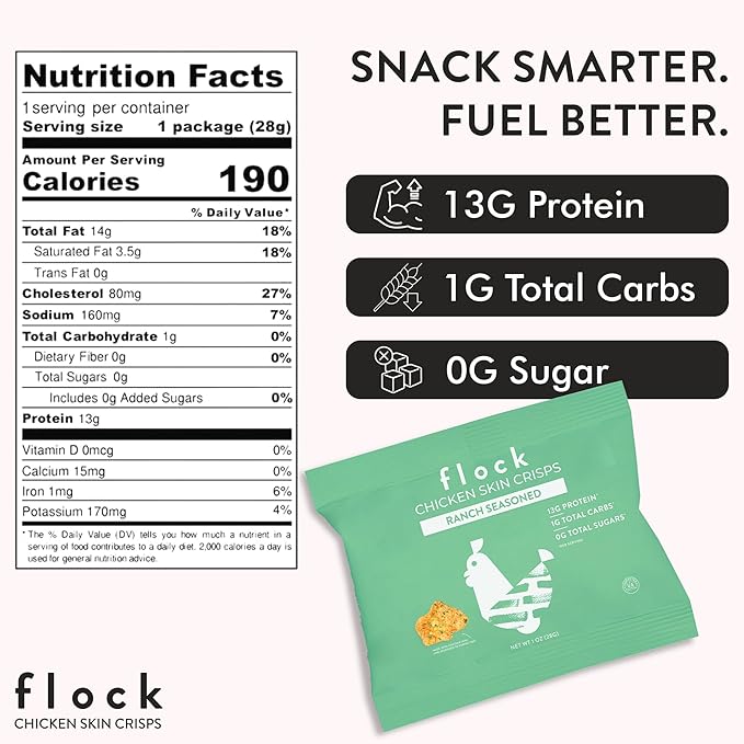 Flock Keto Chicken Skin Chips | Ranch Flavor | Low Carb, High Protein, Sugar Free, Gluten Free Fried Chicken Skins for People | (1oz) 8-Pack Crispy Flock Chips