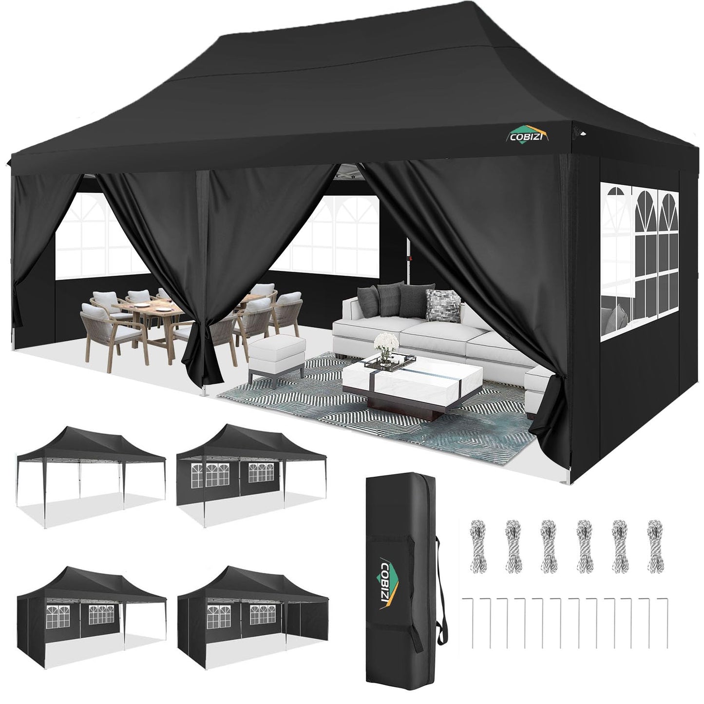 COBIZI 10x20 Pop Up Canopy with 6 Sidewall, Commercial Canopy UPF 50+ Waterproof Outdoor Gazebo with Carry Bag, Tents for Parties with Upgrade Frame, 3 Height Adjustable, Black