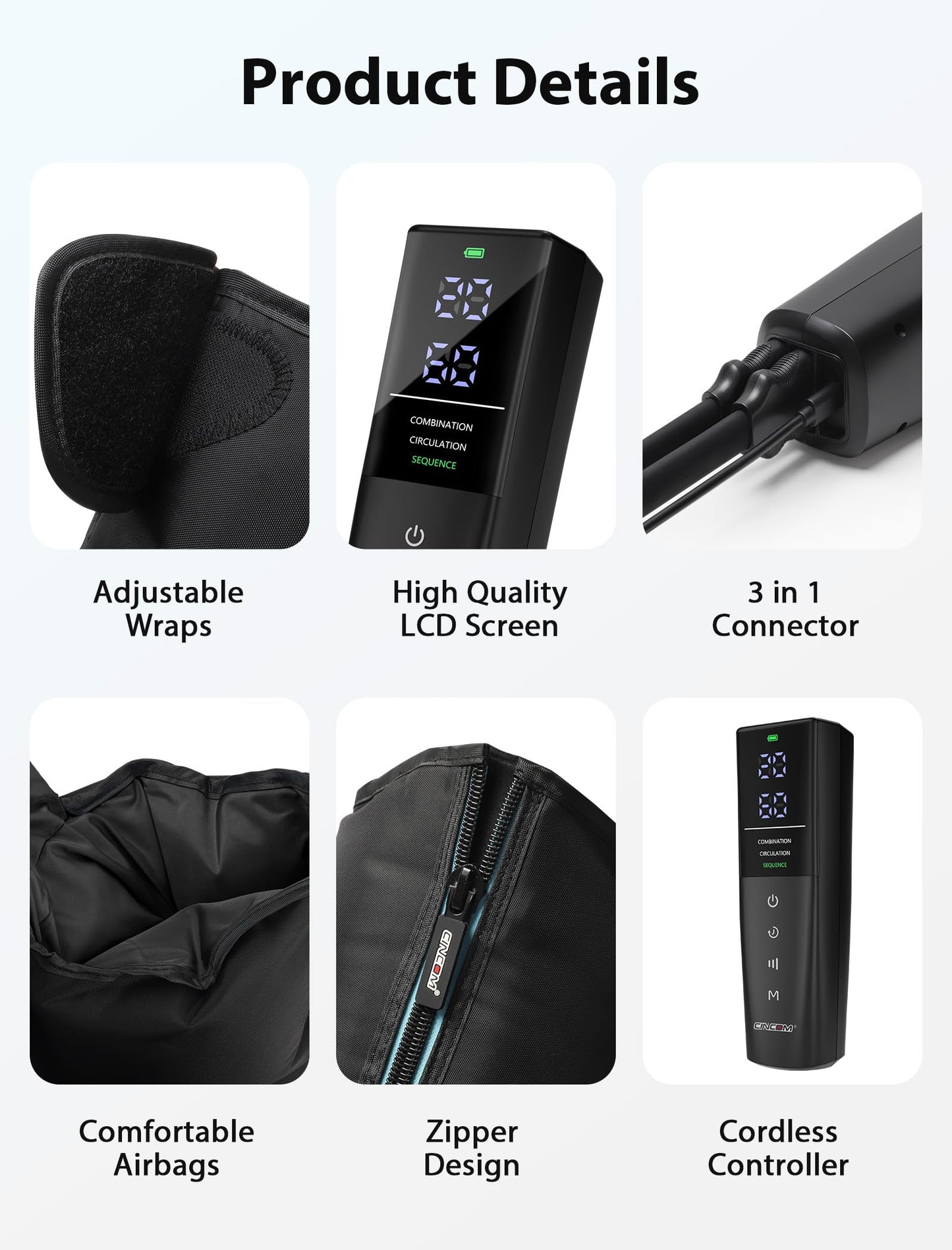CINCOM Cordless Air Compression Massager - Rechargeable Leg & Foot Boots with 3 Modes, 10 Intensity Levels, 5 Timer Settings for Circulation, Pain Relief, Edema, RLS & Recovery
