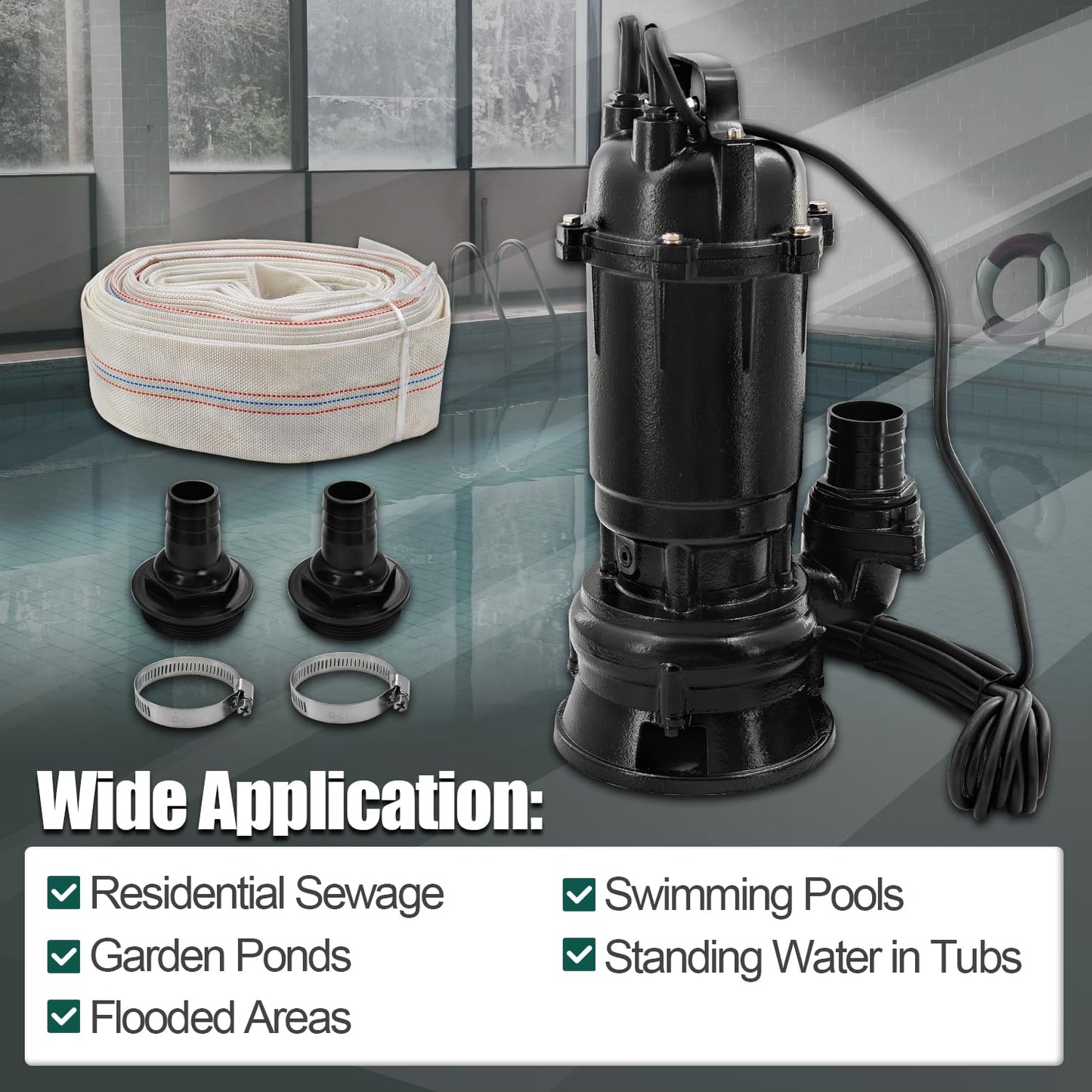 Dewinston 2HP Submersible Sump Pump 220V Cast Iron Sewage/Effluent Pump with Float Switch and 66ft Hose, 2'' NPT Discharge, 6498GPH, 1500w