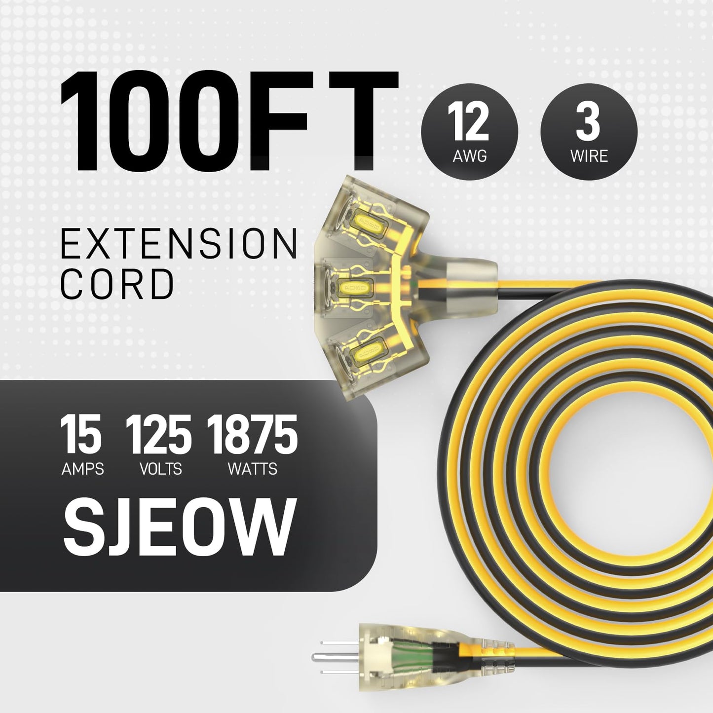 100FT Outdoor Extension Cord with Multiple Outlets, 12/3 Gauge Heavy Duty, 15A 1875W, 3 Prong with LED Light & Locking Plug, Weather Resistant, ETL Certified for Lawn Mower, Tools, Christmas Lights