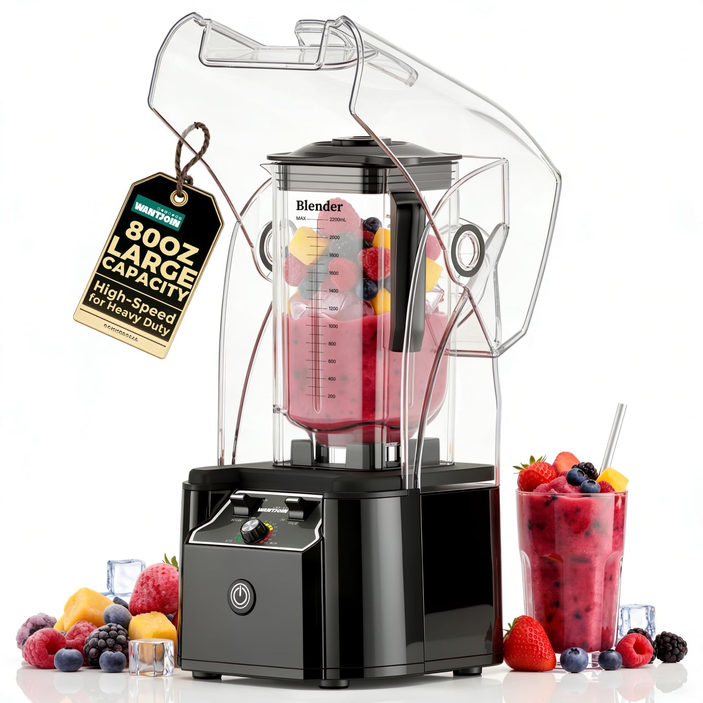 WantJoin Professional Commercial Blender With Shield Quiet Sound Enclosure 2200W Industries Strong and Quiet Professional-Grade Power, Self-Cleaning, Black