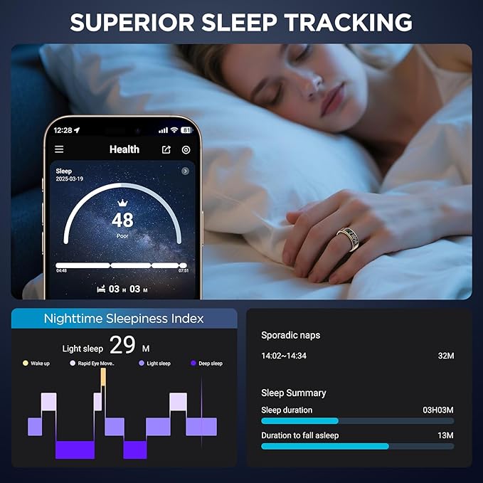 Smart Ring Health Tracker with Display Screen, Sleep Tracker with Heart Rate, Fitness Ring Step Tracker for Activity Monitoring/Steps/Calories,Wireless Charging, for iOS Android (Silver,9#)