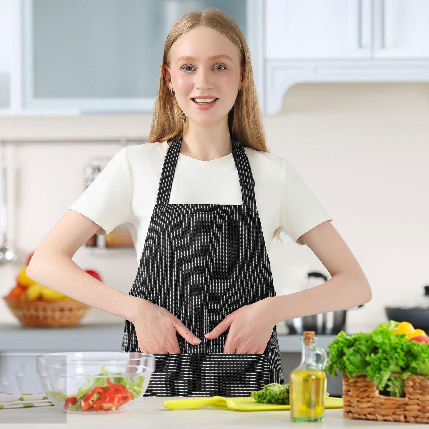 juningxin Red polyester-cotton blend apron, adjustable with 2 pockets, unisex, suitable for cooking and kitchen use (Red)