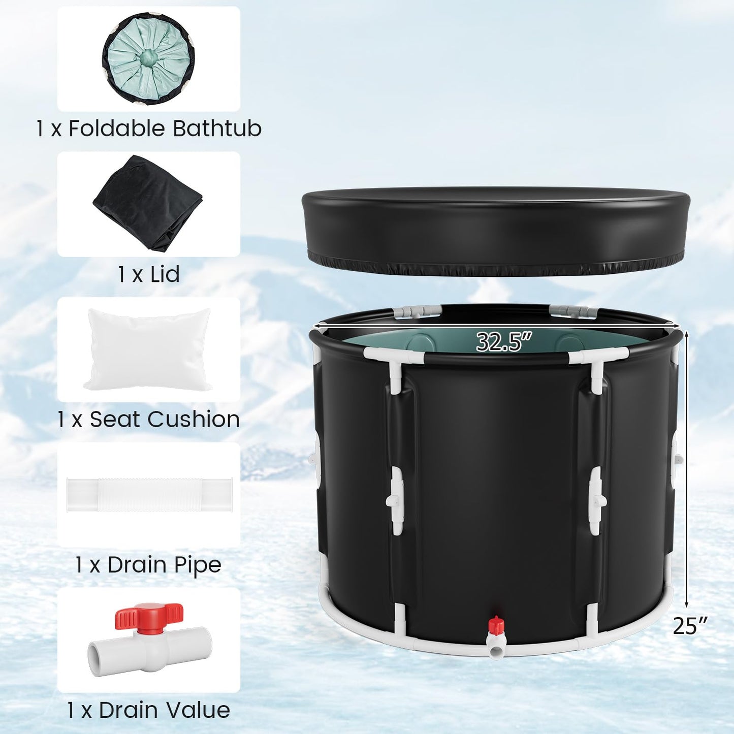 GYMAX Ice Bath Tub, 66 Gal Cold Plunge Tub with Lid & Click Design, Foldable Cold Bath Plunge Tub for Athletes Cold Water Therapy, Portable Freestanding Soaking Tub for Backyard, Home