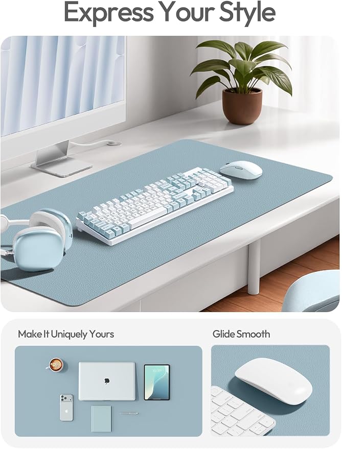 YSAGi Leather Desk Pad Protector, Office Desk Mat, Large Mouse Pad, Non-Slip PU Leather Desk Blotter, Laptop Desk Pad, Waterproof Desk Writing Pad for Office and Home (Ice Blue,55" x 17.2")