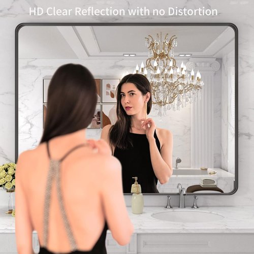LOAAO Black Metal Framed Bathroom Mirror - Large Rounded Rectangle, Anti-Rust, 48x36 Inch, Versatile Hanging Options