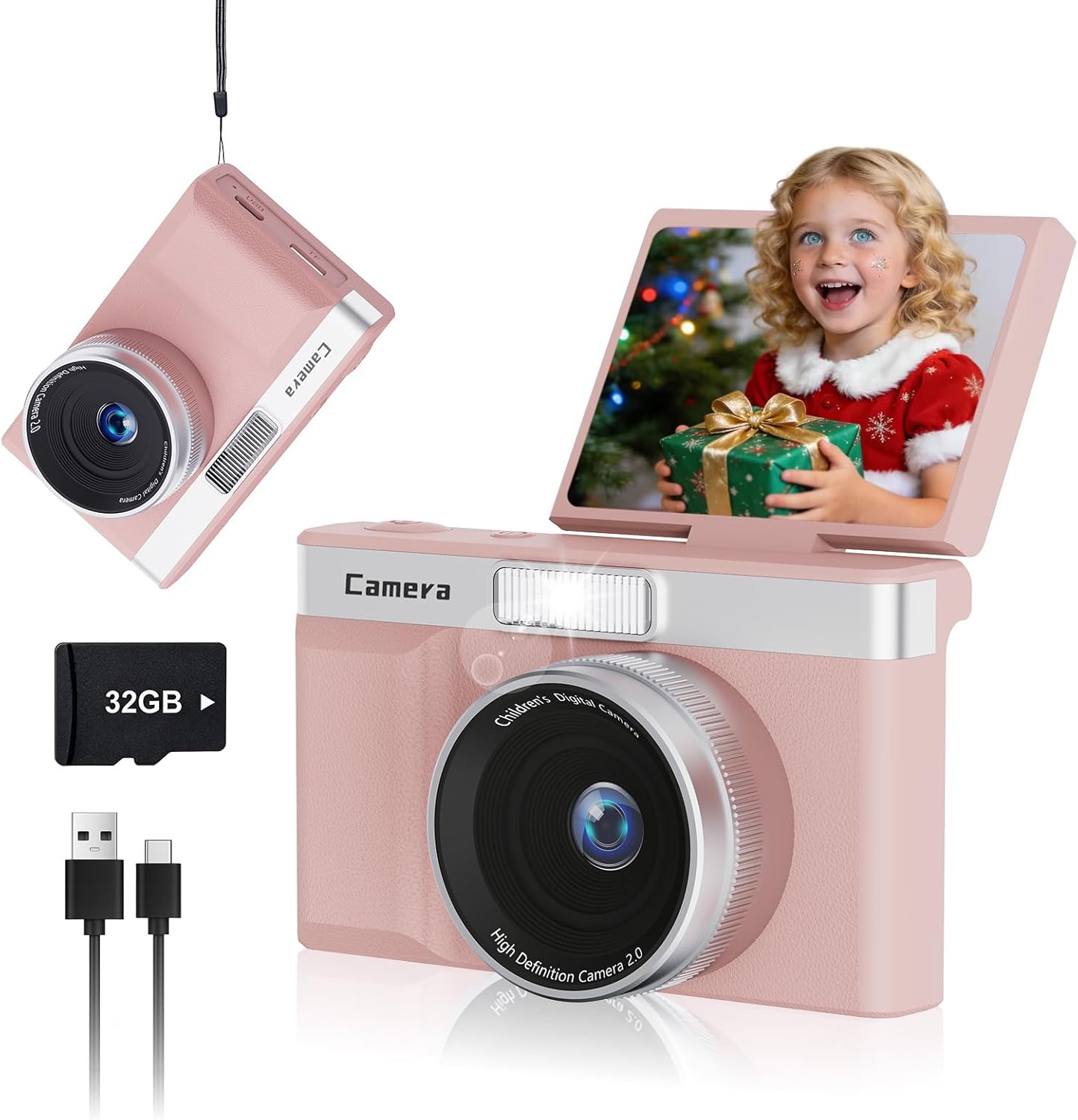 fceoul 1080P 5MP 180 32GB Kids Camera, Digital Camera for Kids with Flip Screen & SD Card, Retro Toddler Toy Camera