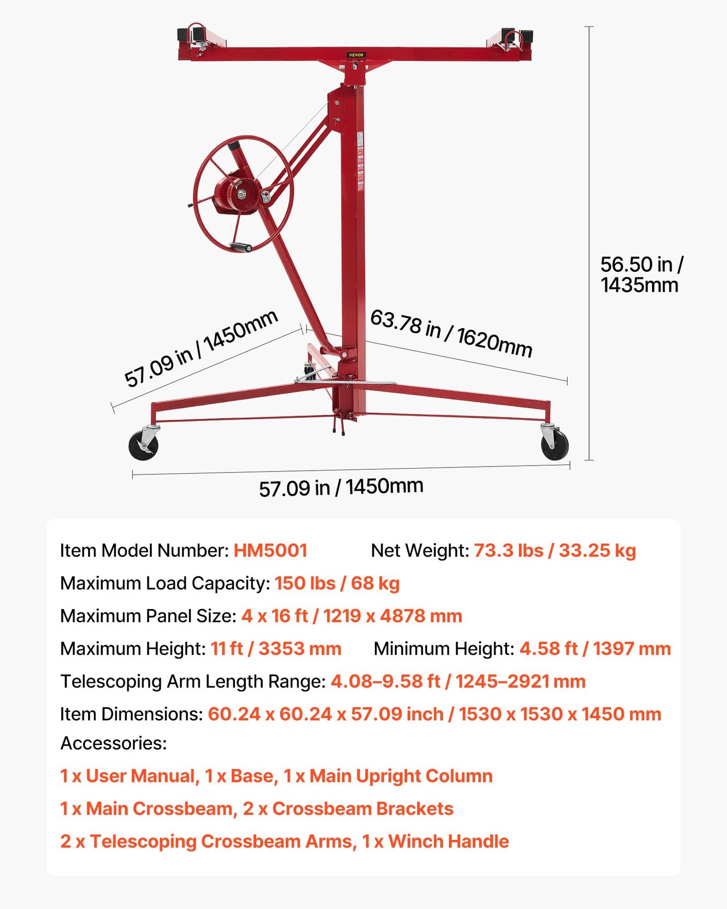 VEVOR 11ft Drywall Lift, Heavy-Duty 150 lbs Sheetrock Hoist with Adjustable Telescoping Arm, Lockable Wheels, Drywall Lifter Panel Jack Hoist Tools Ideal for Ceiling & Wall Installation (Red)