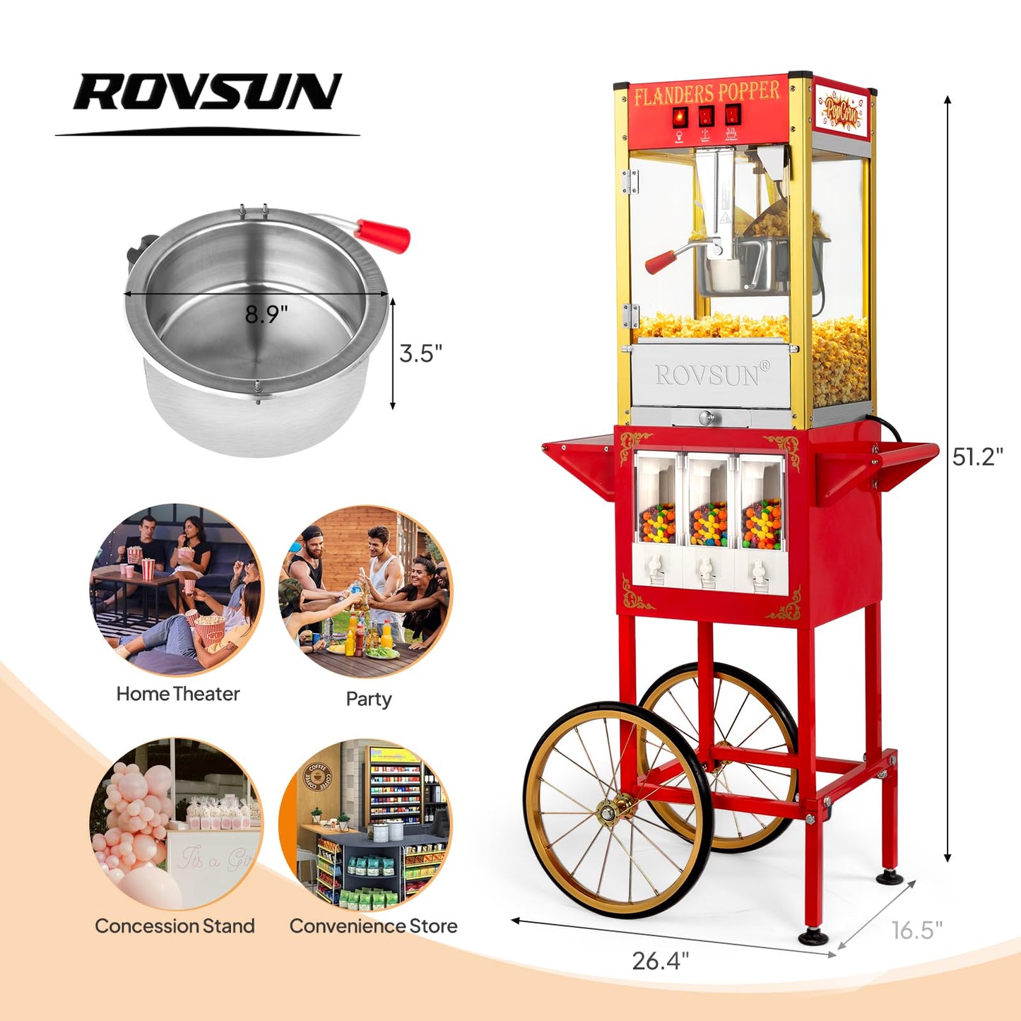 ROVSUN Popcorn Machine Cart with Candy Dispenser, 8 Oz Kettle Makes Up to 32 Cups ETL, Popcorn Maker w/Scoop, Oil Spoon, Bags & Cups, Movie Theater Style Popper for Commercial Home Party, Red