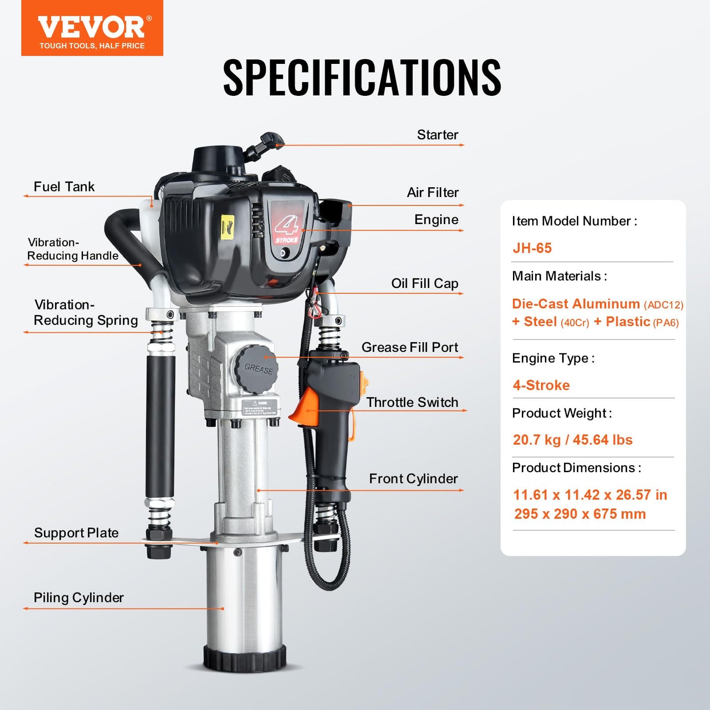 VEVOR 37.77cc Gas-Powered T Post Driver, 4-Stroke Engine Gasoline Fence Piling Pounder, with 3 Post Driving Head(45/55/88 mm), 1000W Portable Piledriver For Farm, Ranch Fencing, Road Improvements