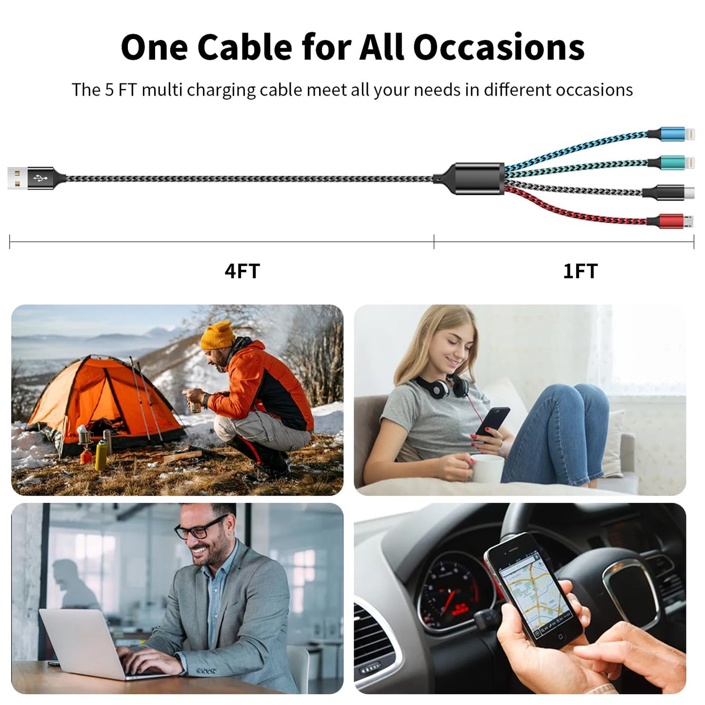 Cable,4 1 2 Cellphone/Tablets/More(2Pack 5FT) Multi Charging in Charging Cables for Multiple Devices Nylon Braided