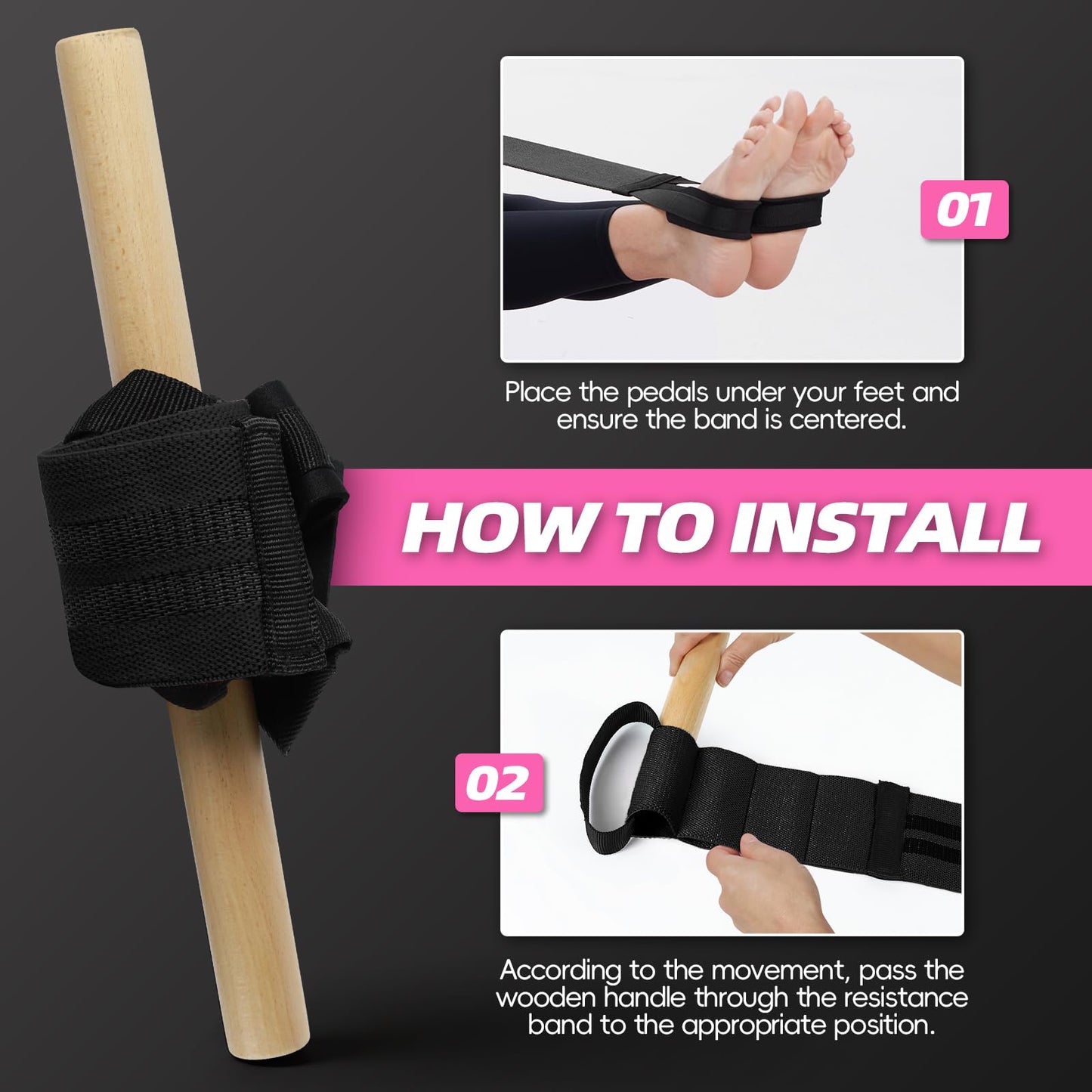 Pedal Resistance Bands with Handles, Upgrade Adjustable Manual Tension Training Pedal, Fabric Resistance Band with Wood Handles, Multifunction Fitness Bands for Abdomen, Waist, Arm, Leg (Black)