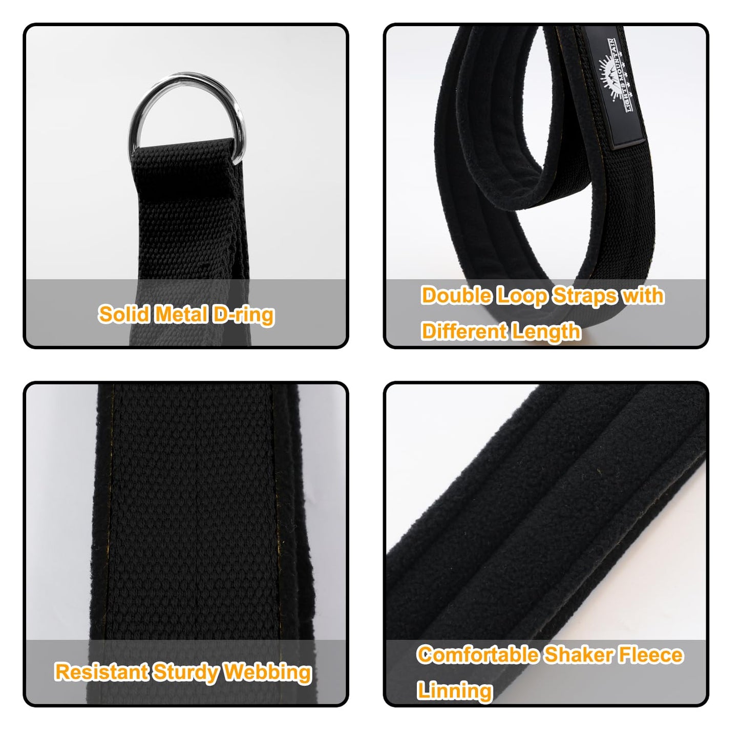 Lights Mountain Durable Pilates Double Loop D-Ring Straps - Padded Handles for Reformer, Yoga & Home Gym Workouts (black M)