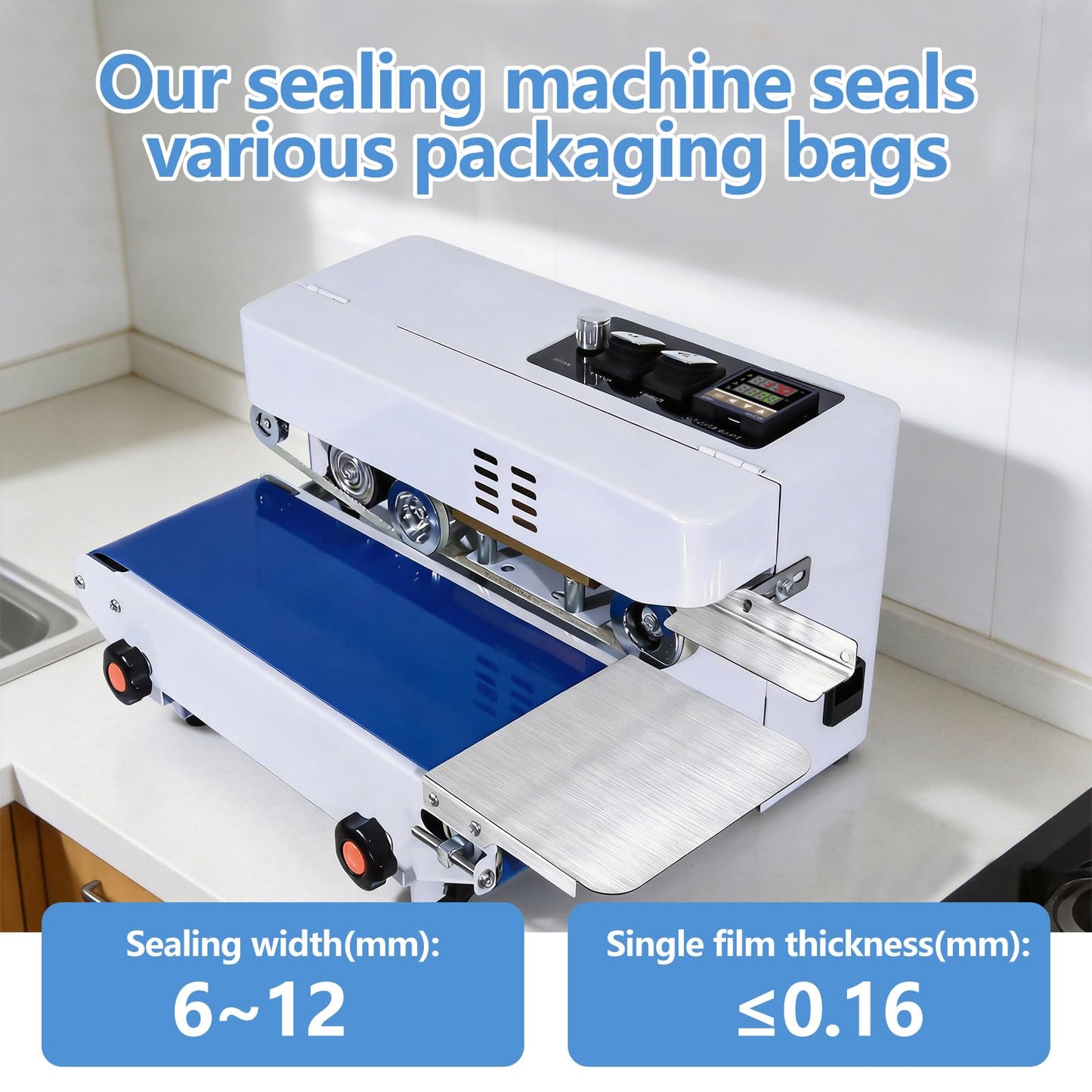 Minssine Commercial Heat Sealer Machine, Automatic Continuous Bag Band Sealing Machine with Digital Temperature Control, Adjustable Speed, Desktop Bag Sealer for Plastic Bags Films (110V/60HZ)