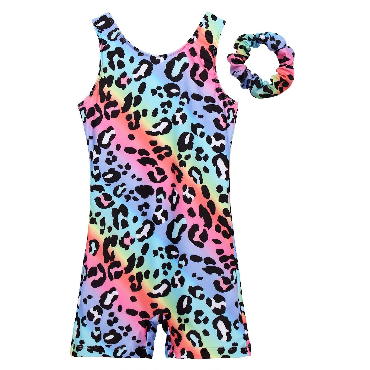 JESKIDS Leotards for Girls Gymnastics with Shorts Dance Biketards Tumbling Matching Hair Scrunchie Leopard 3-4 Years