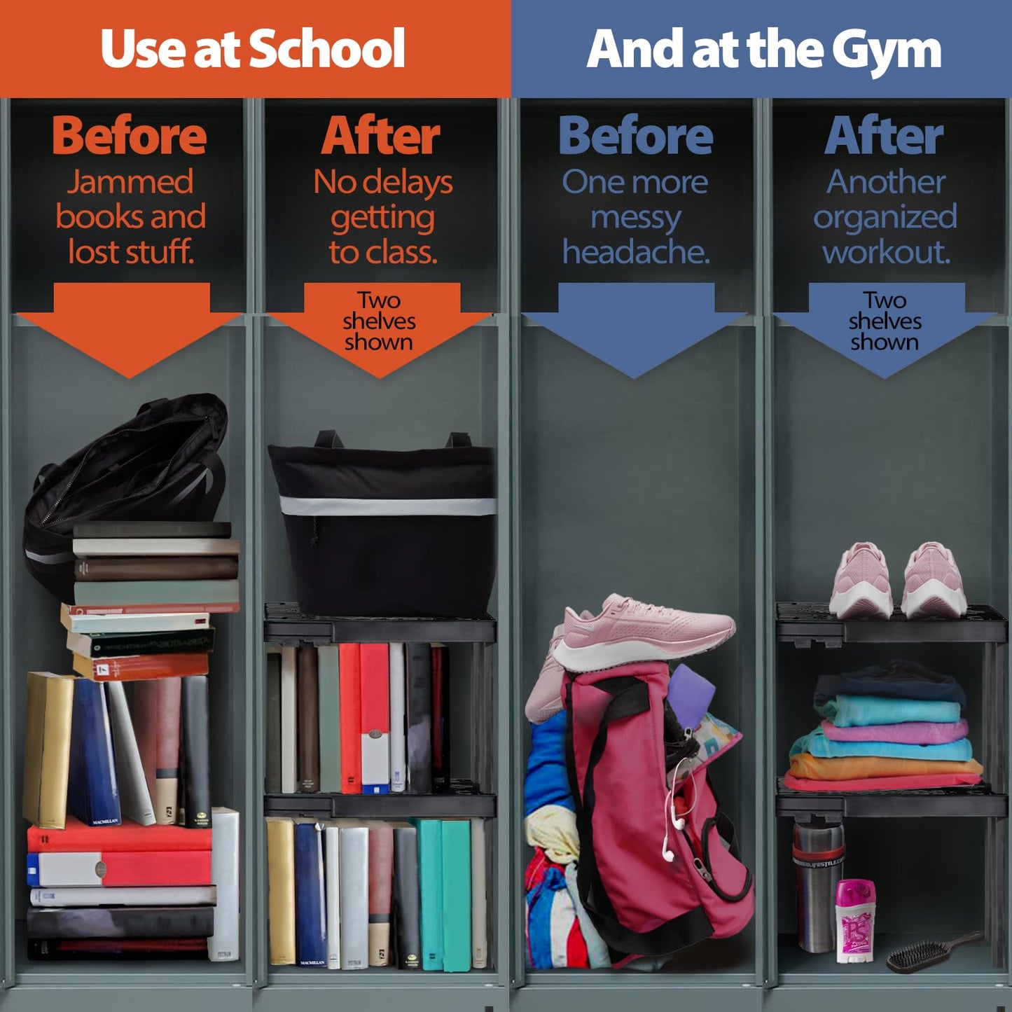 Piffny Locker Organizer Shelf， Adjustable Width and Height, Ideal Locker for School, Office, and Gym Lockers (Blue 2 Pack)