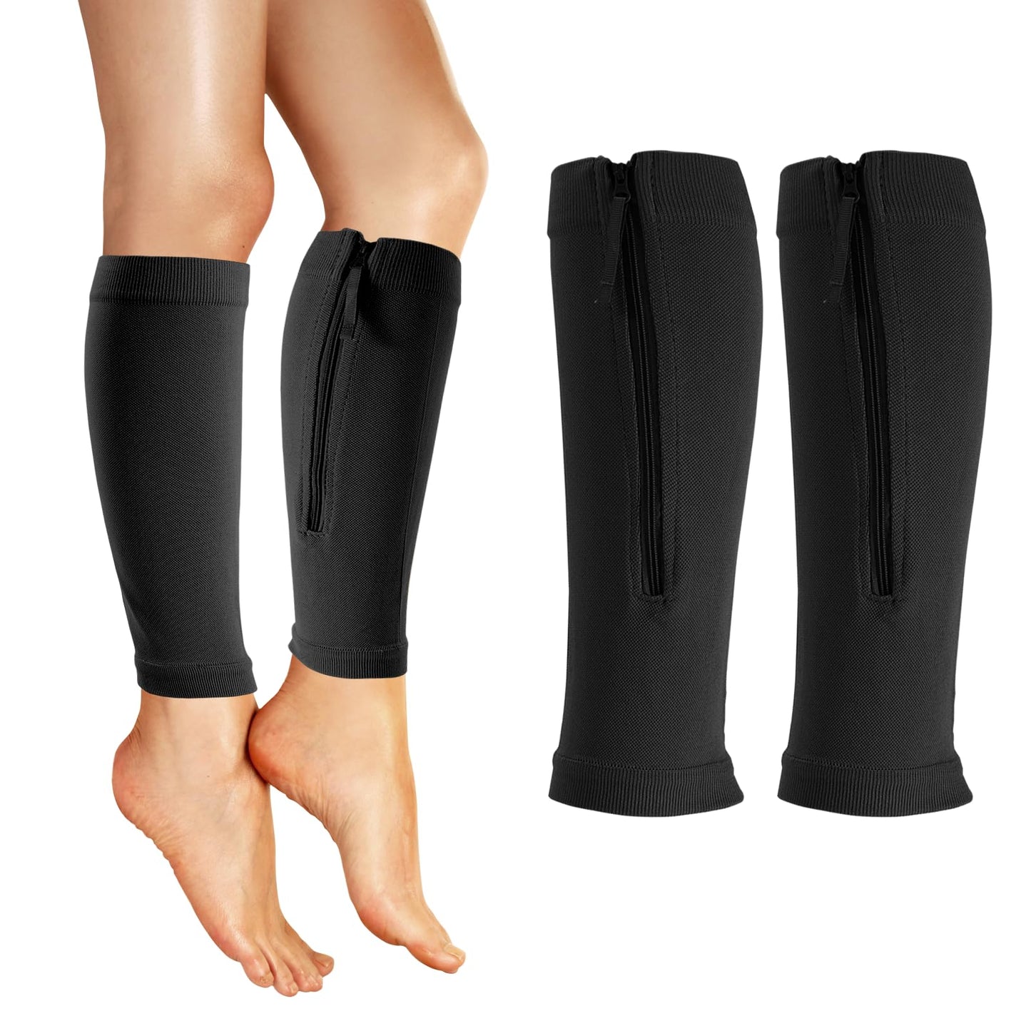 2 Piece Compression Sleeves for Women Calf, Leg Compression Sleeve with Zipper, Footless Compression Socks for Shin Splint Relief, Calf Brace for Use While Running and Cycling, Shin Sleeves(Black)