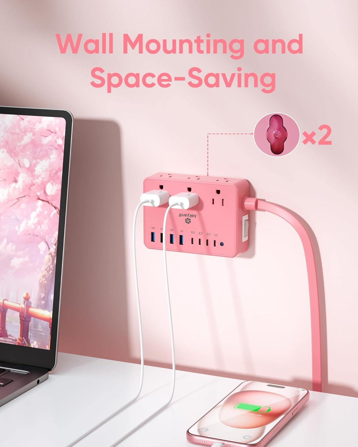 kakyanill 6 8 Ports(4 2000J 5ft Pink Power Strip, AC Outlets USB USB C) with Surge Protector, Flat Plug Pink Extension