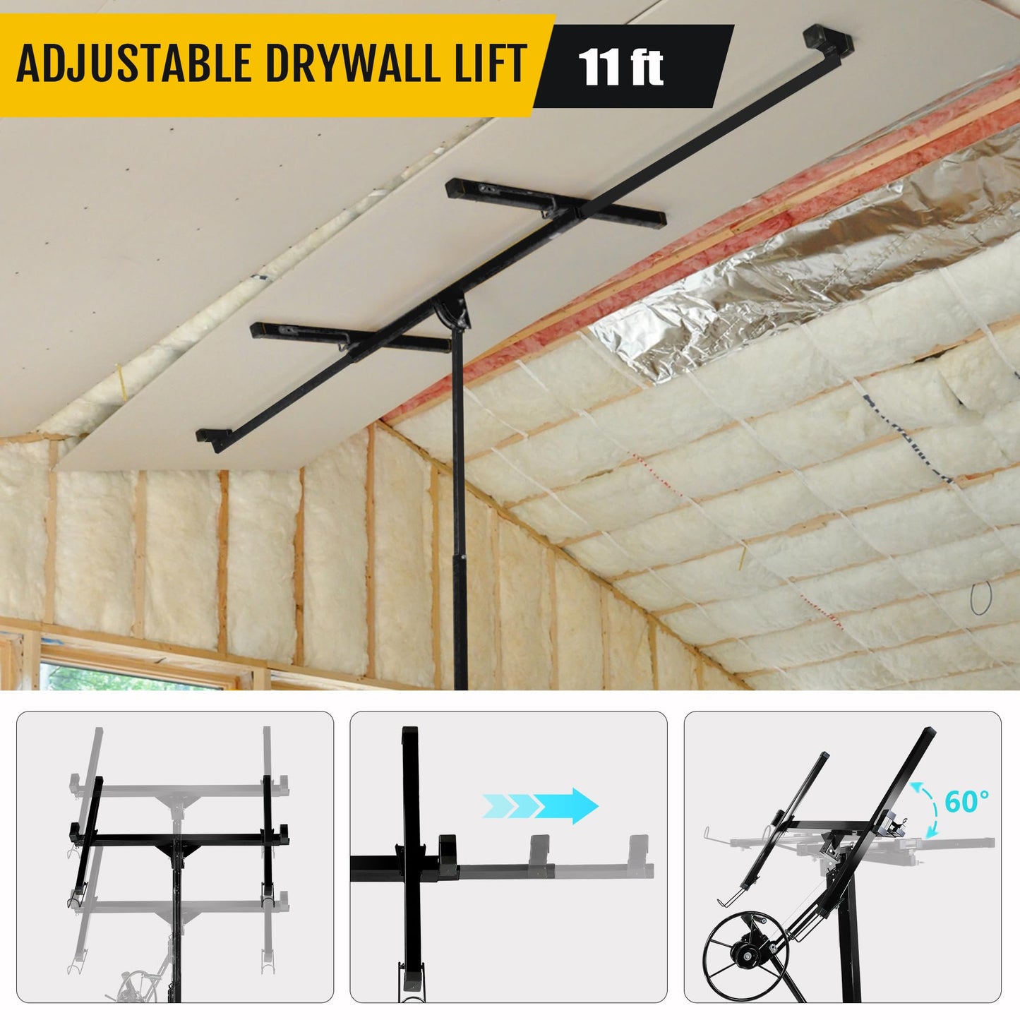 Drywall Lift, 150lb Drywall Lift Jack with Wheels - 11FT Adjustable Steel Sheetrock Hoist for Ceiling & Wall Installation - Heavy Duty Panel Lifter for Pros & Homeowners