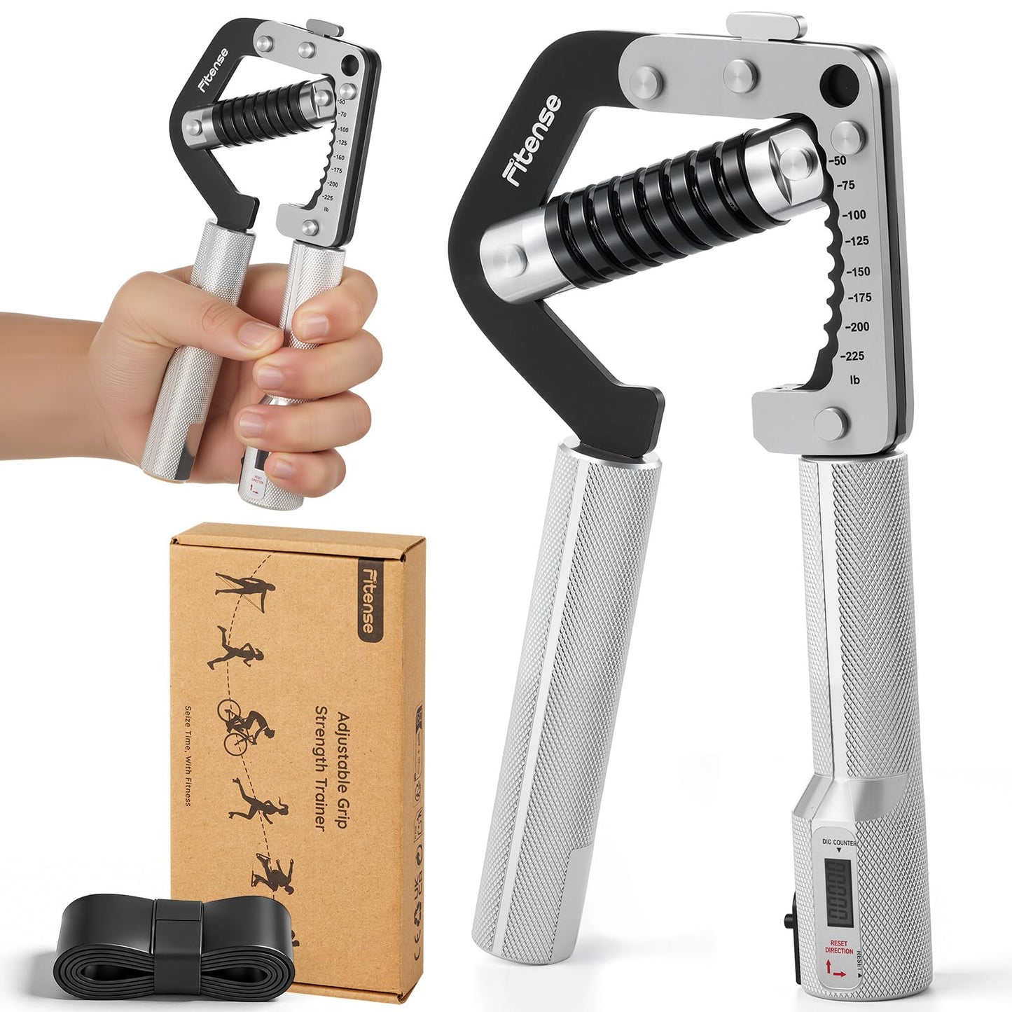 Fitense Grip Strength Trainer - Adjustable Hand Gripper Strengthener 8 Levels 50-225 lbs with Counter, Hand Grip Exerciser Wrist Strengtheners, Forearm, Finger & Hand Strength Training for Athletes, Climbers & Rehabilitation