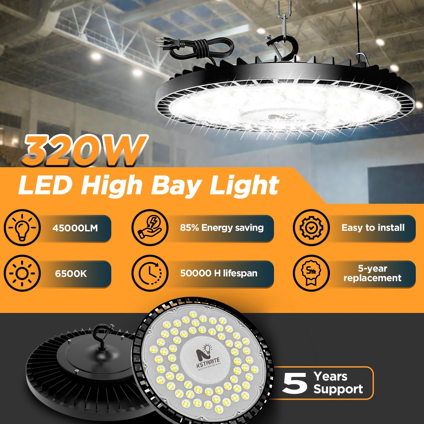 320W 4 Pack UFO High Bay Light LED Shop Lights, 45000LM Ultra Bright Plug & Play LED Garage Lights, 6500K IP65 Waterproof Industrial Lamp w/ 6.6ft Power Cord for Warehouse Workshop Factory Gym Barn