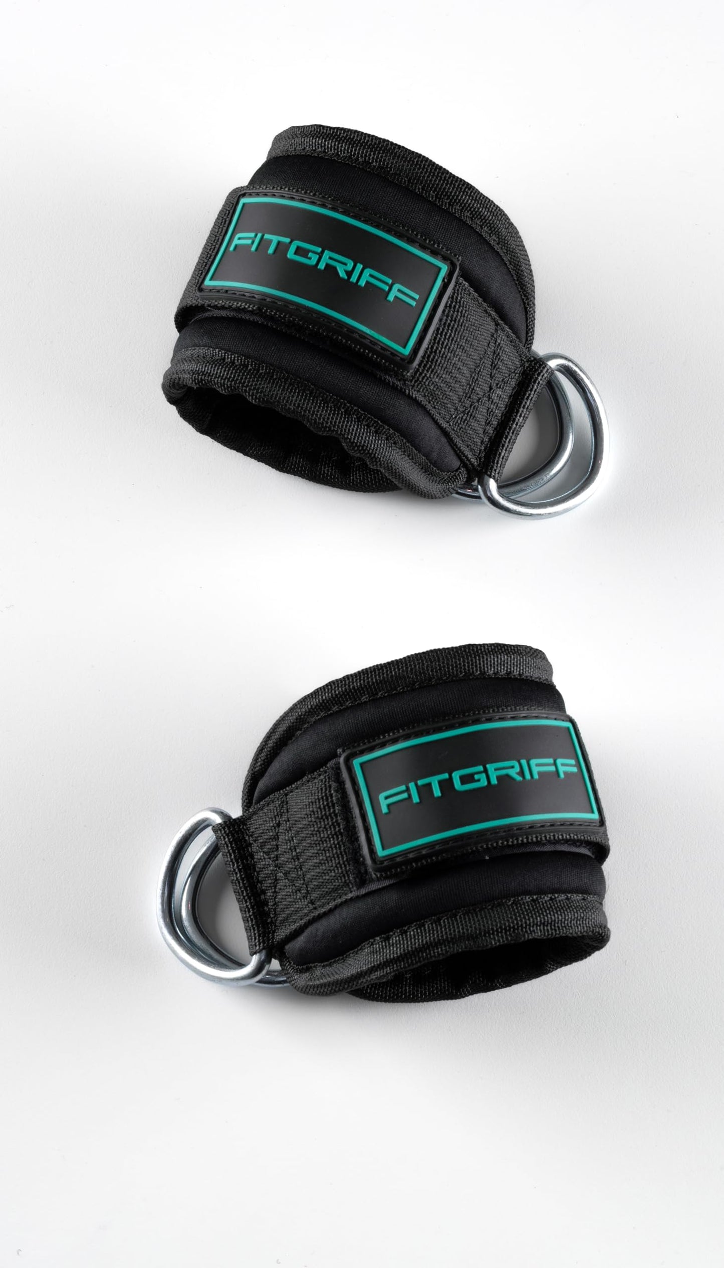 Fitgriff® Ankle Straps V3 for Cable Machine (2 Pieces) - Gym Workout Equipment - Leg Pulley Attachment, Kickback Straps (Black/Cyan)