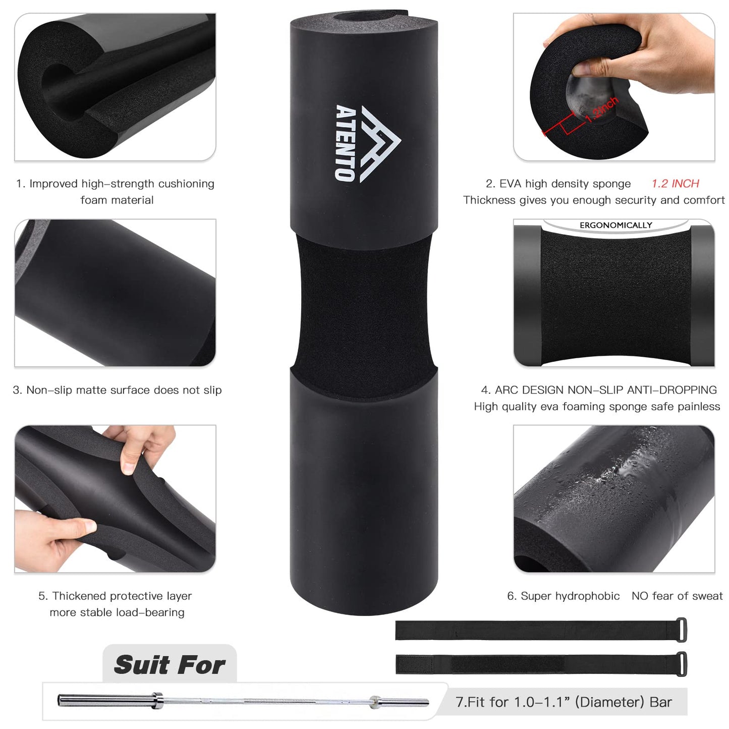 ATENTO 10 Pcs Barbell Pad Set, Hip Thrust Pad for Bench Press, Lunges, Workout, Leg Exercise, Squat Bar Pad (Black)
