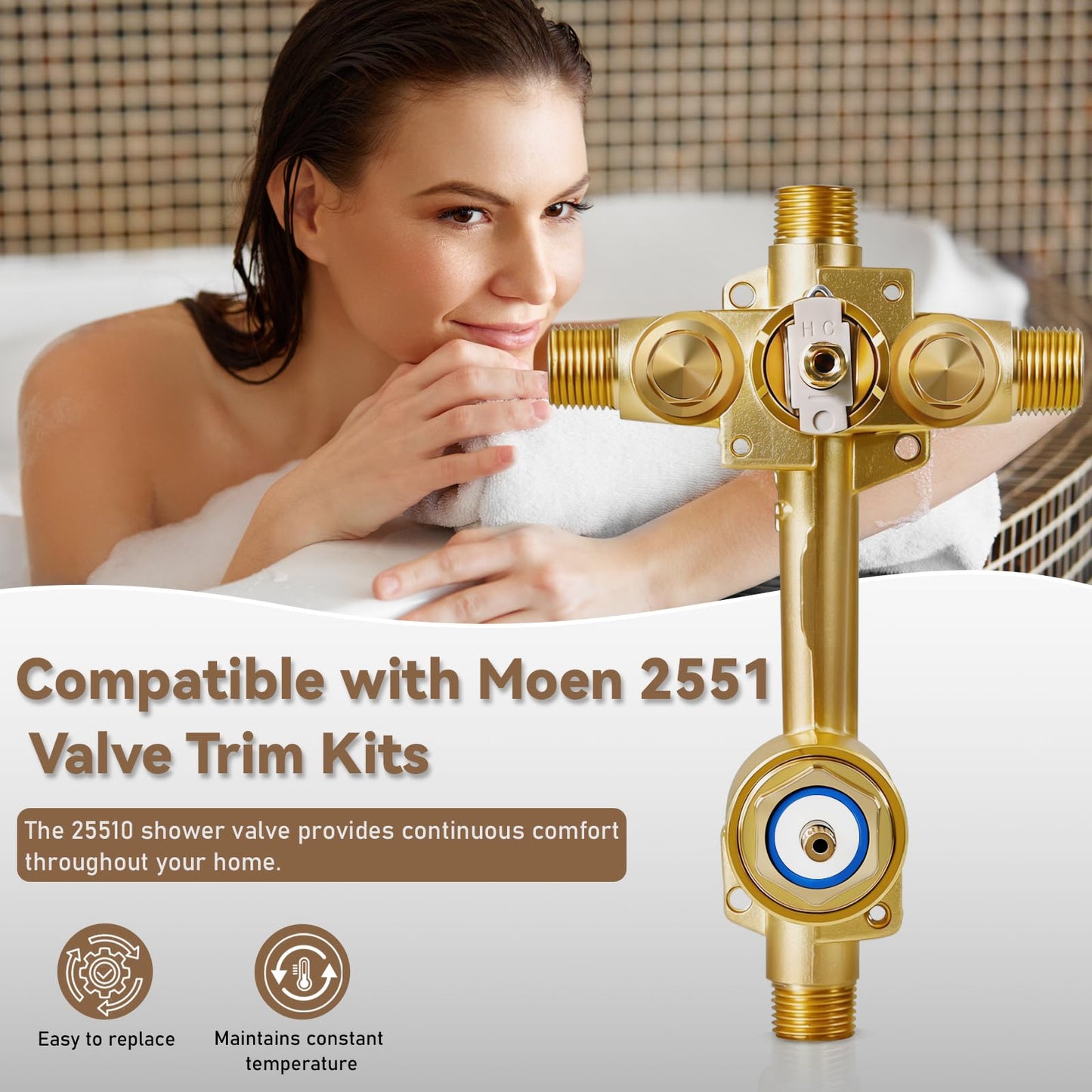 2551 Pressure Balancing Valve, Shower Diverter with Built-In 3-Function Transfer, Compatible with Posi-Temp Trim Valve, 1/2” CC/IPS Connections, Brass 4-Port for Bathtub and Shower