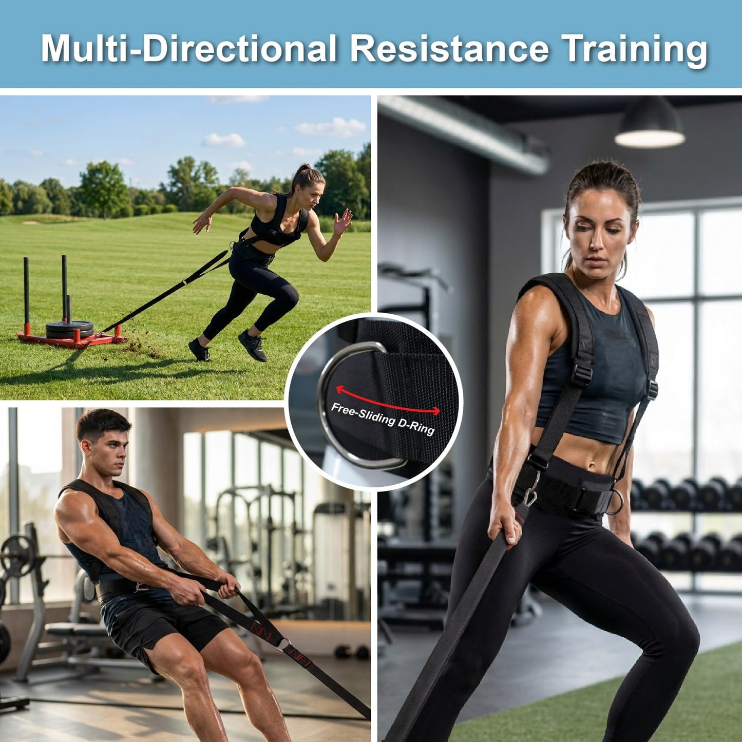 J Bryant Sled Pull Harness System with Y-Shaped Pull Strap, Adjustable Harness with D-Rings, Non-Slip Waist Belt for Strength, Speed & Resistance Training
