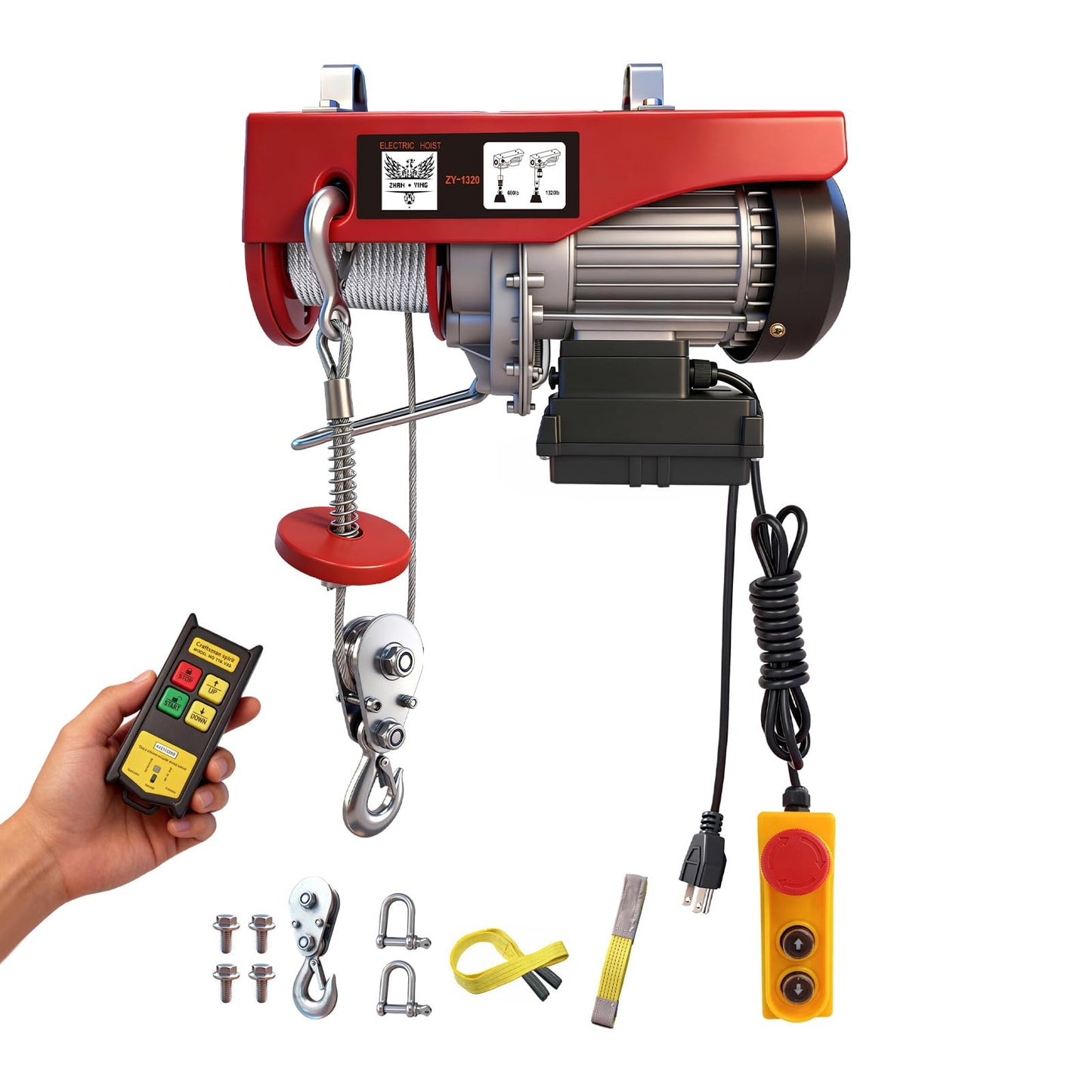 Electric Hoist, 1320 lbs 110V Electric Winch with 328 ft Wireless & 14 ft Wired Remote Control, Single/Double Slings, 40 ft Single Cable Lifting Height, Lift Hoist for Garage Warehouse Factory