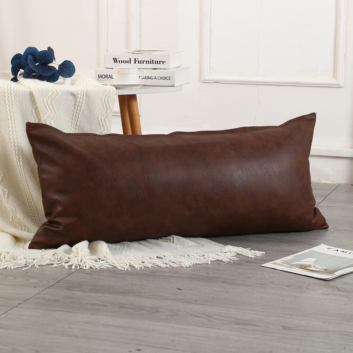 PANOD Decorative Lumbar Throw Pillow Covers 14 x 36,Premium Faux Leather Long Pillow Covers Cushion Case for Farmhouse Sofa Couch Bed Livingroom,Modern Boho,Vegan Dark Brown