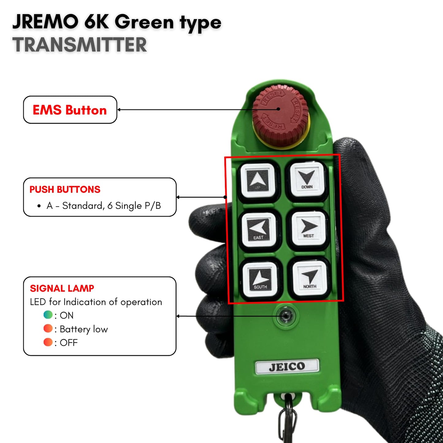 JEICO Crane Hoist Industrial Wireless Remote 6 Buttons Controller JREMO 6K Green Type (1 Transmitter + 1 Receiver) Green, Made in Korea