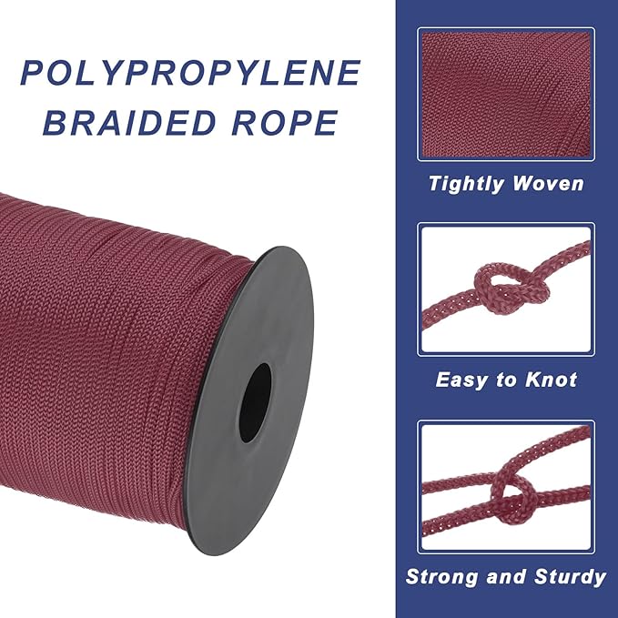 MECCANIXITY 1/8 Inch Polypropylene Rope Braided Ropes, 328ft Nylon Rope Hollow Utility Cord for Clothesline, Camping, Hiking, Outdoor, Brick Red