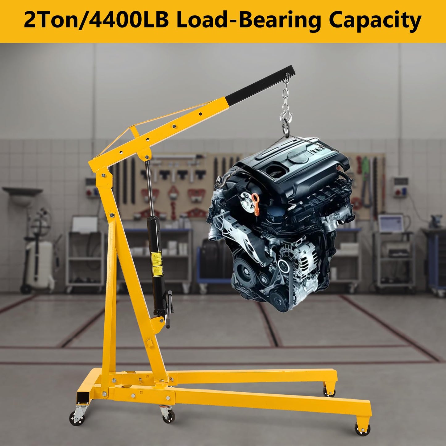 PrecisionAuto 2 Ton / 4400 Lb Heavy Duty Folding Hydraulic Engine Hoist Crane, Cherry Picker with 6 Locking Wheels, for Truck/SUV Engines, Garage Workshop, Industrial Lifting, Yellow