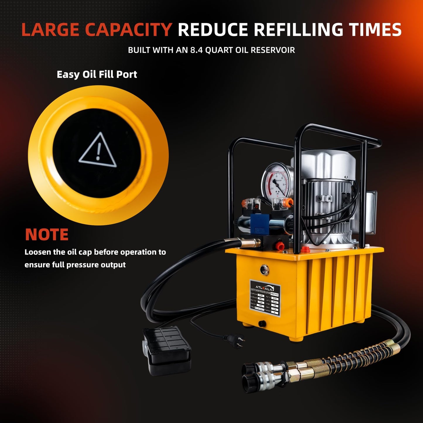 Electric Hydraulic Pump Double Acting 8.4 Quart (2.1 Gallon) Hydraulic Power Unit, 750W 110V Portable Hydraulic Pump with Solenoid Valve, 10000 PSI for Jack, Punching and Bending Machines