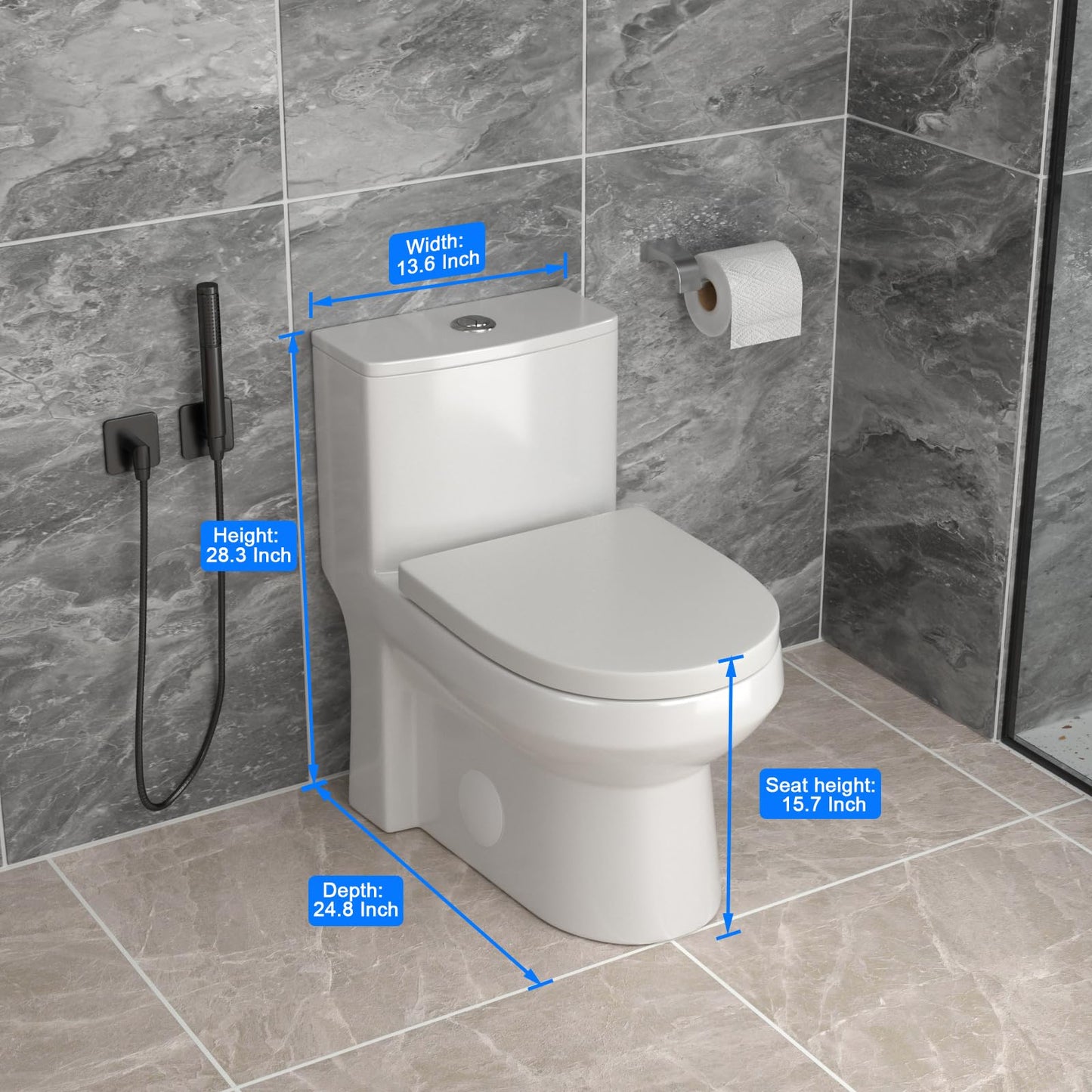 Donsdey One Piece Toilet 12'' Rough Inch- White Ceramic Compact Toilets with 15.9" Soft Close Chair Seat 1.1/1.6 GPF Water Saving Dual Flush Easy to Clean Toilet Bowl 13.6''x28.3''x24.8''