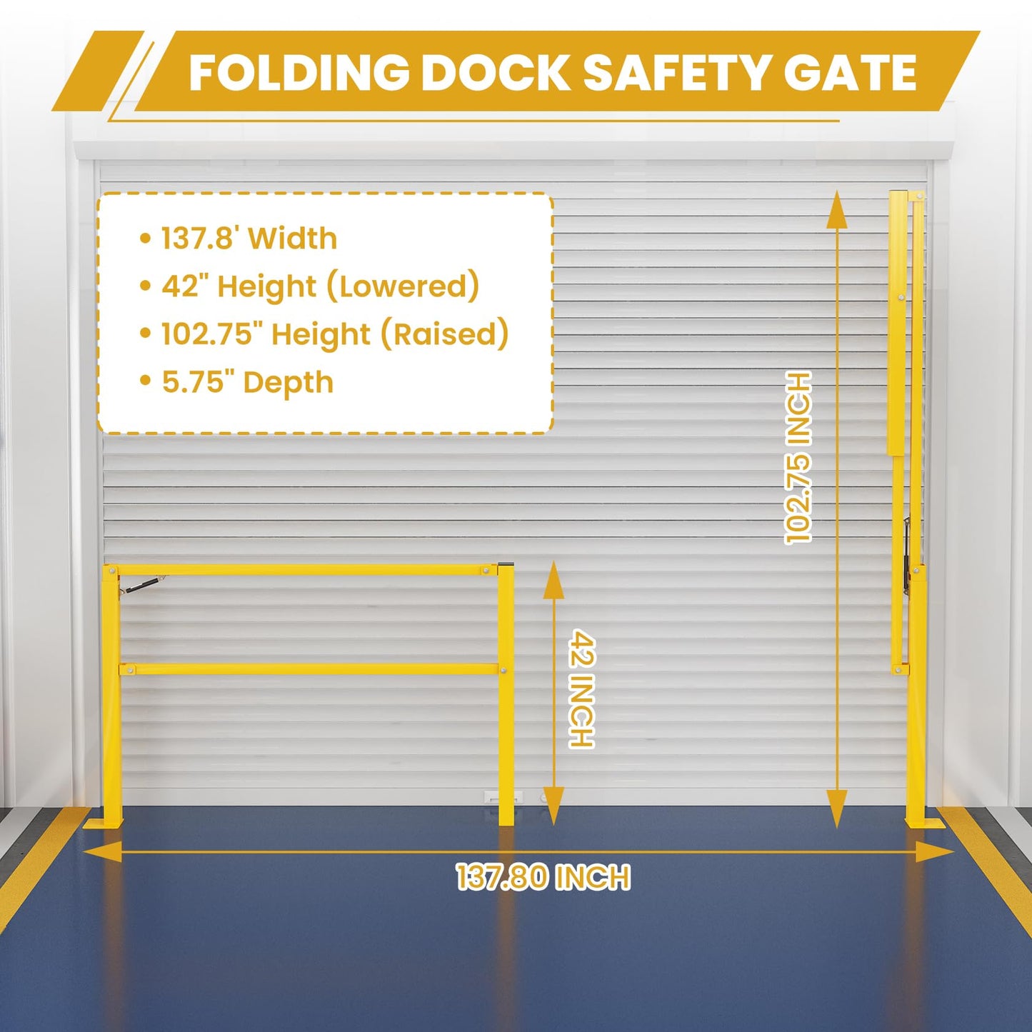 Hymula 10‘ Folding Dock Door Gate – Heavy-Duty Industrial Safety Barrier for Dock Doorways &Loading Docks & Warehouses with Gas Strut & High Visibility Yellow Finish