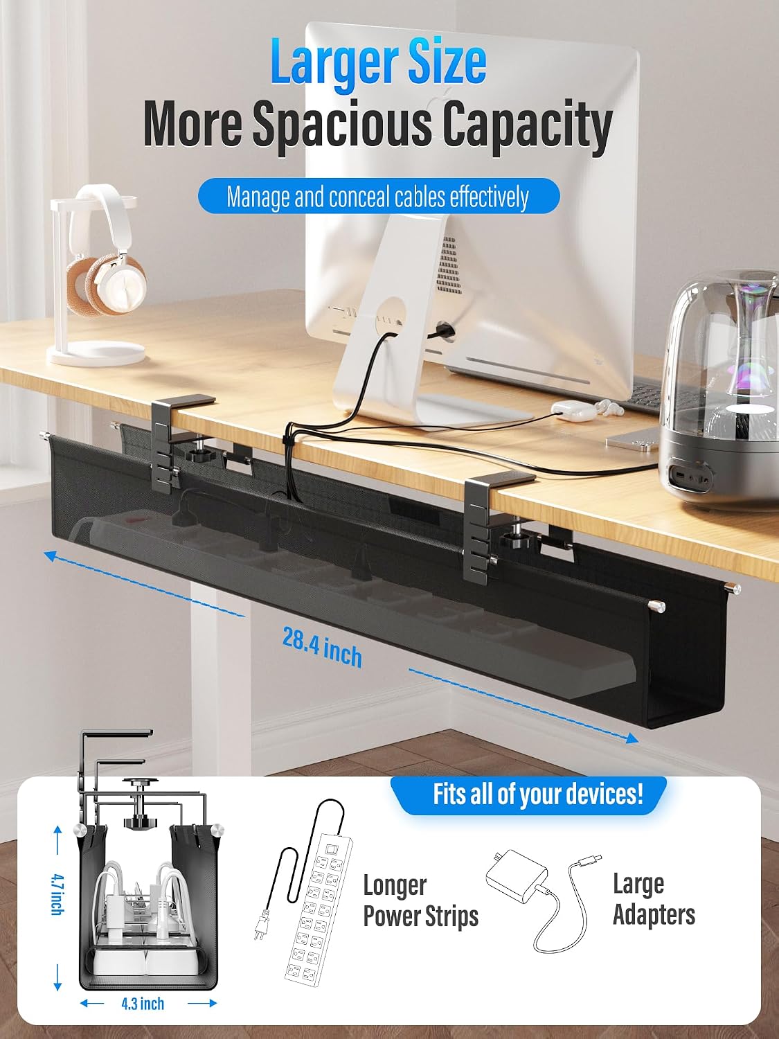 Cinati 28.4" 30lbs [Upgraded] Large Under Desk Cable Management Tray, Cable Management Under Desk No Drill, Fabric Cord