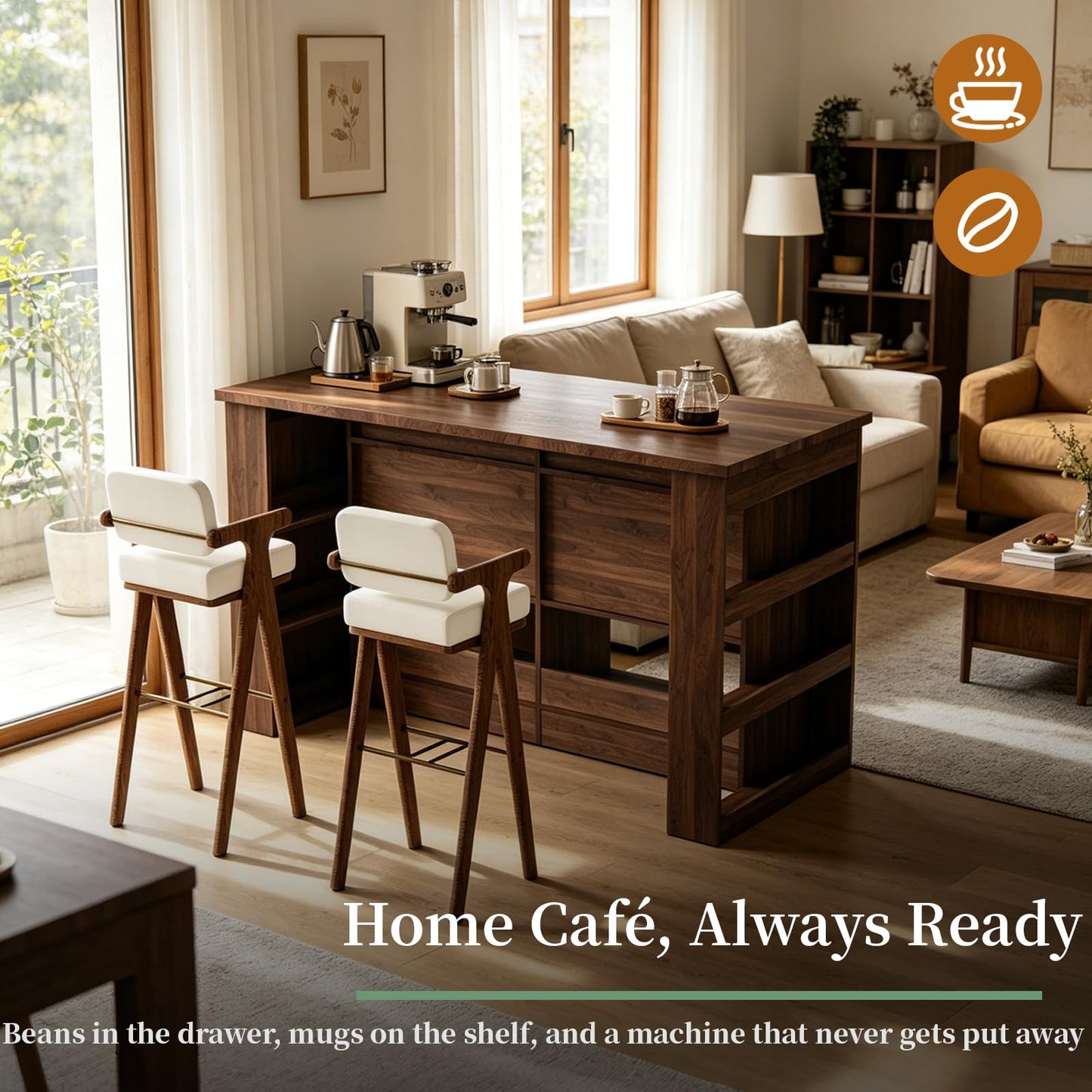 JOYSOURCE Large Farmhouse Kitchen Island with Storage 58 Inches Stationary Kitchen Island with Seating, 2 Drawers, Shelves Bar Table for Kitchen Dining Room Living Room Walnut Wood Grain