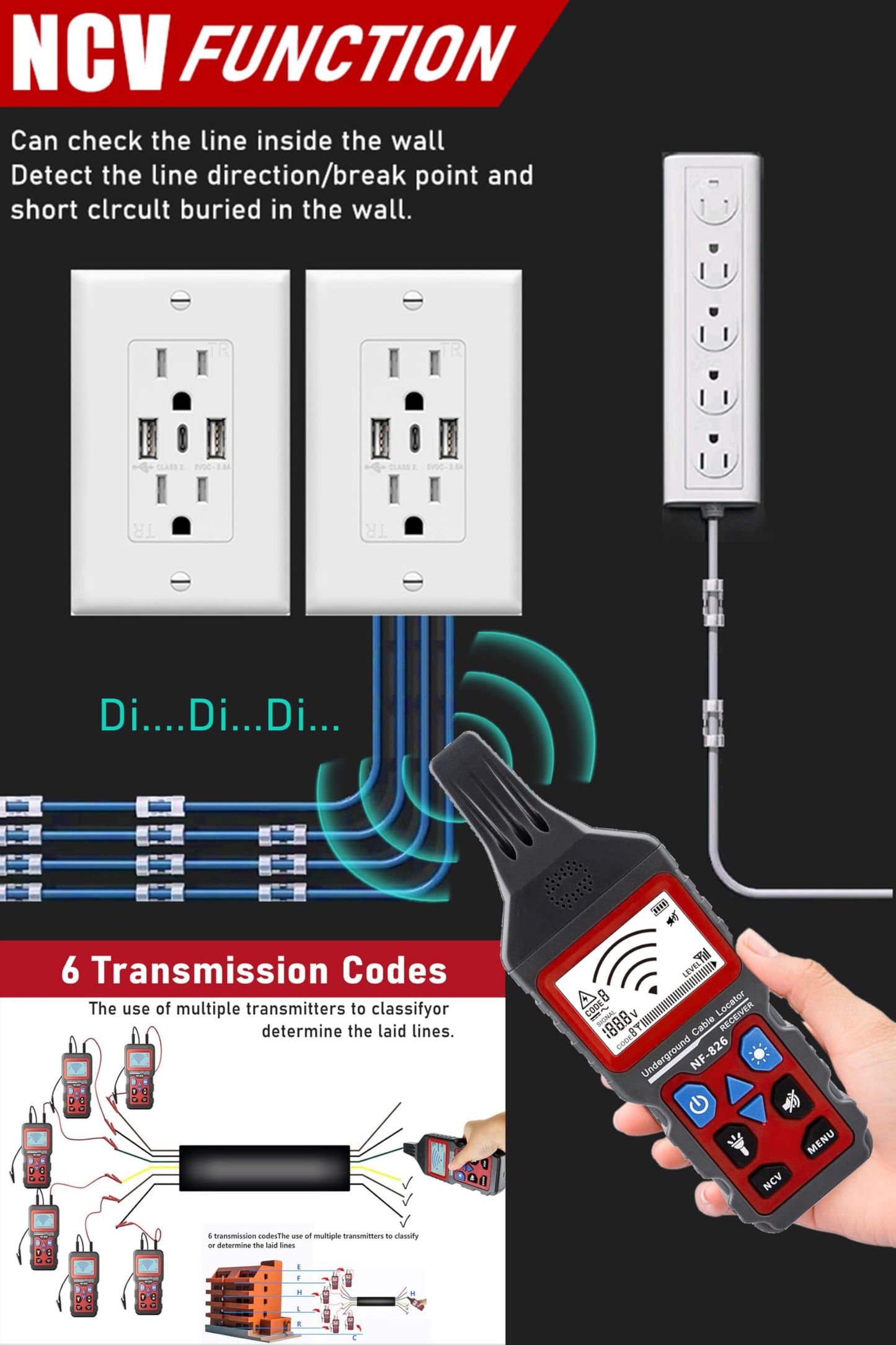 NF-826 Underground Wire Locator Circuit Tracker 12-400V AC/DC, locates Circuit Breakers, fuses, Wires, Short Circuits, Open Circuits, Ceiling/wall/Dog Fence Cables, Irrigation Control Lines
