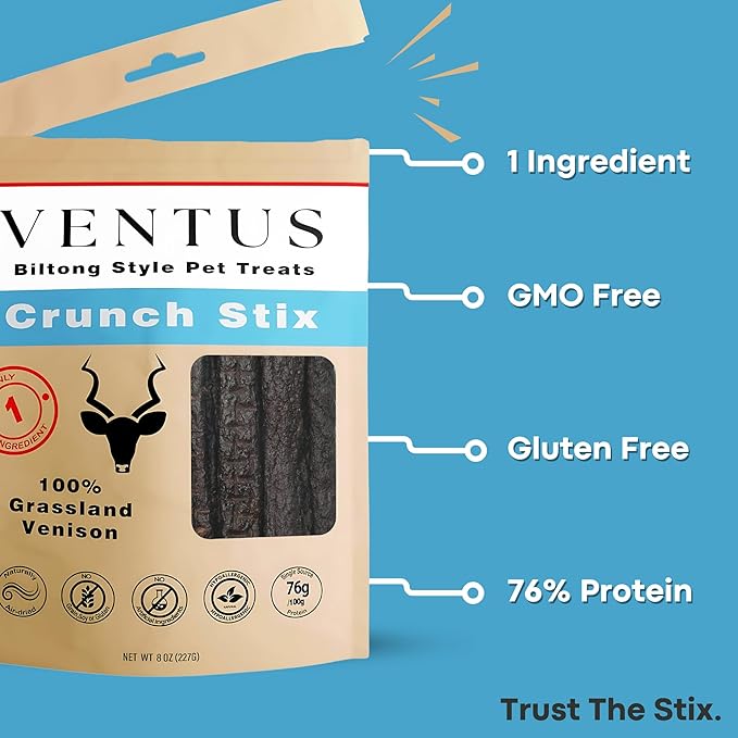 VENTUS Jerky Crunch Stix - Single Ingredient High Protein Dog Training Treats, Wild Venison, Air-Dried, Grain Free Training Treats for Dogs, 8 oz