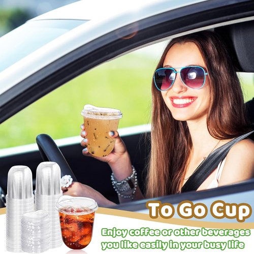 Alaeseje 12 oz Clear Plastic Cups - 50 Pack with Strawless Sip Lids for Iced Coffee & Smoothies