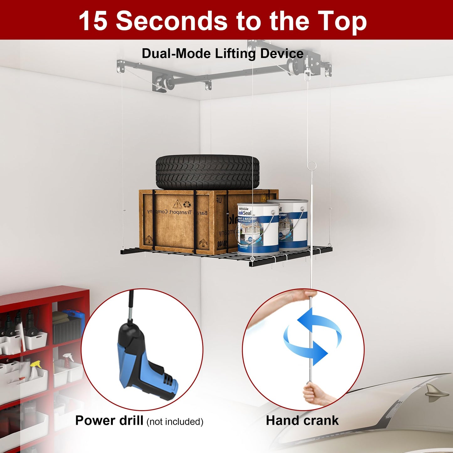 Leavader Manual Garage Storage Lift 4x4 FT for 10-12 ft Ceilings, Crank Down Overhead Storage Rack with Safety Lock, Heavy Duty Steel Garage Ceiling Storage System, 250LBS Capacity