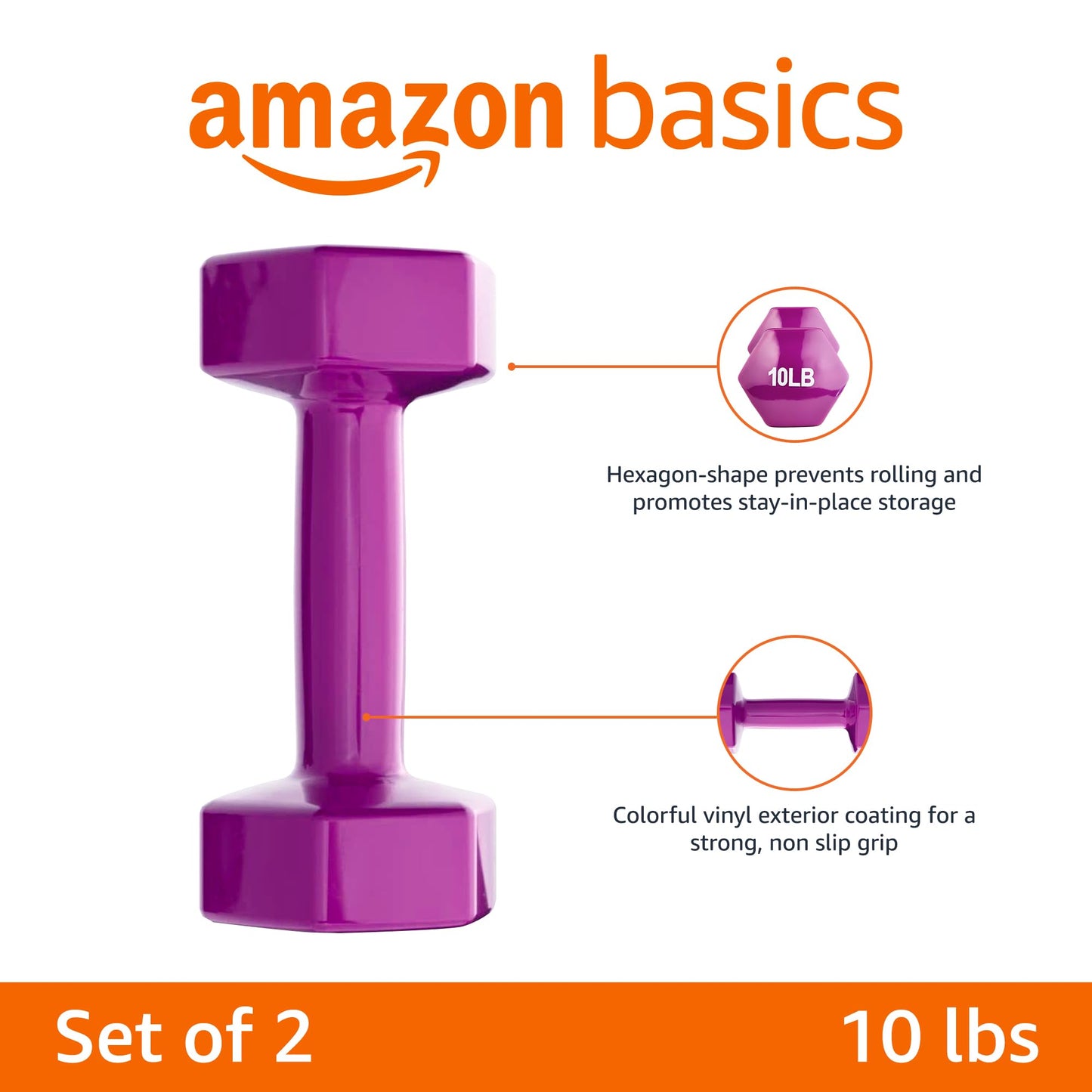 Amazon Basics Vinyl Coated Hexagon Dumbbell Hand Weights, Easy to Use and Store, 10 Pounds, Pair, Purple