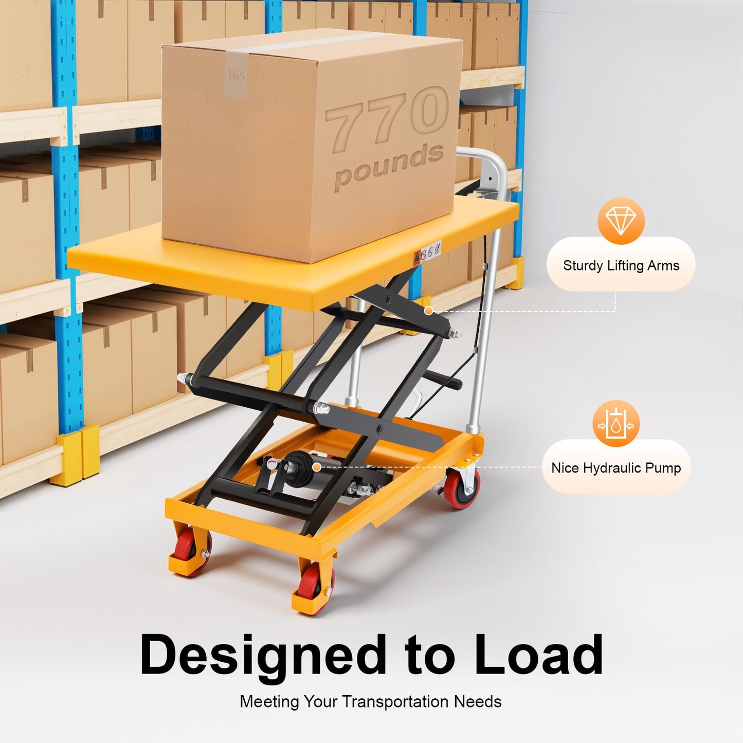 Hydraulic Lift Table Cart,700lbs Capacity, 49.6in Lifting Height, Single Scissor Hydraulic Lift Table with Less Noise Locking Wheels, Lifting Devices for Material Handling and Transportation