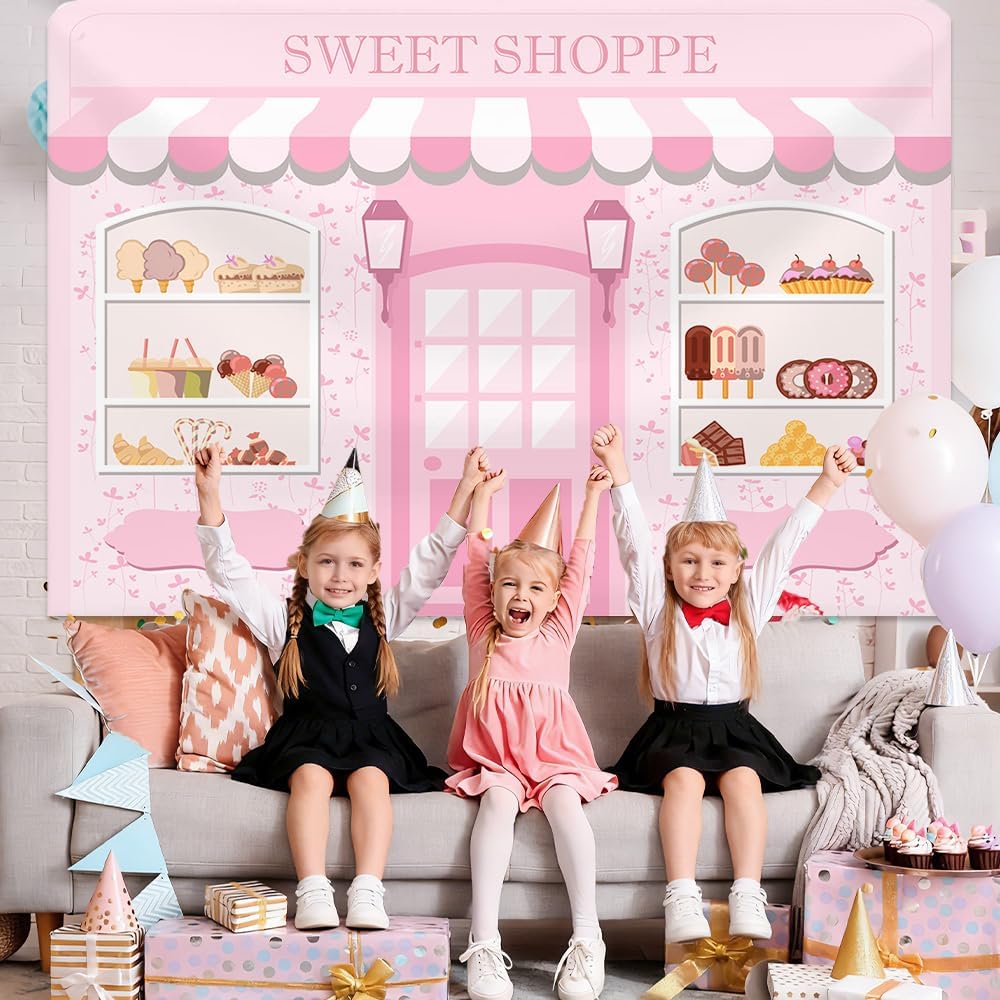 MEHOFOND 7x5ft Pink Sweet Shoppe Backdrop Dessert Parlor for Girls Birthday Photography Background Kids Party Banner