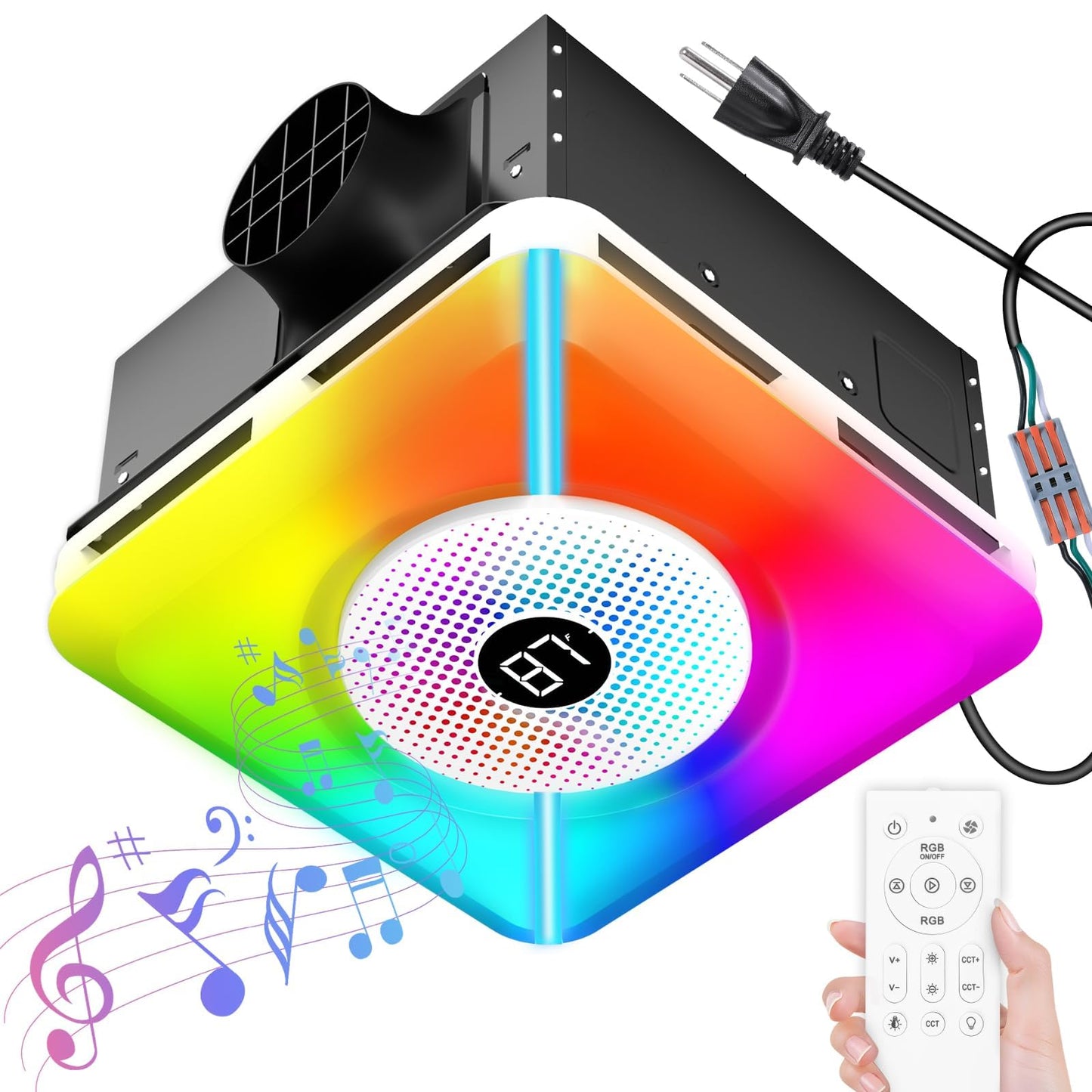 Bullro Bathroom Exhaust Fan with Bluetooth Speaker and Light, Plug & Play Installation, 230 CFM/1.5 Sone Bathroom Vent Fan, 7 RGB Lighting and 3 Music Rhythms, Remote Control, 3000K-6500K Adjustable