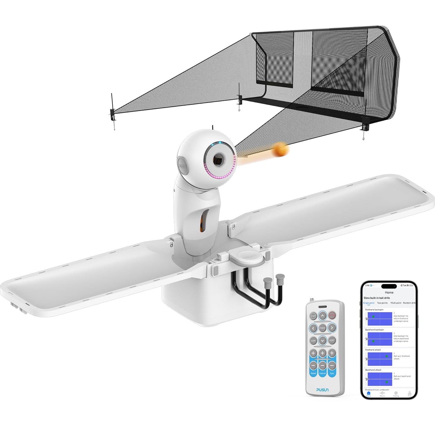 Table Tennis Robot, PUSUN Ping Pong Machine with Ball Recycling Facility, Built-in Preset Training Drills, Smart App Control, Real-time Spin/Speed/Landing Point Adjustment,Easy to Install