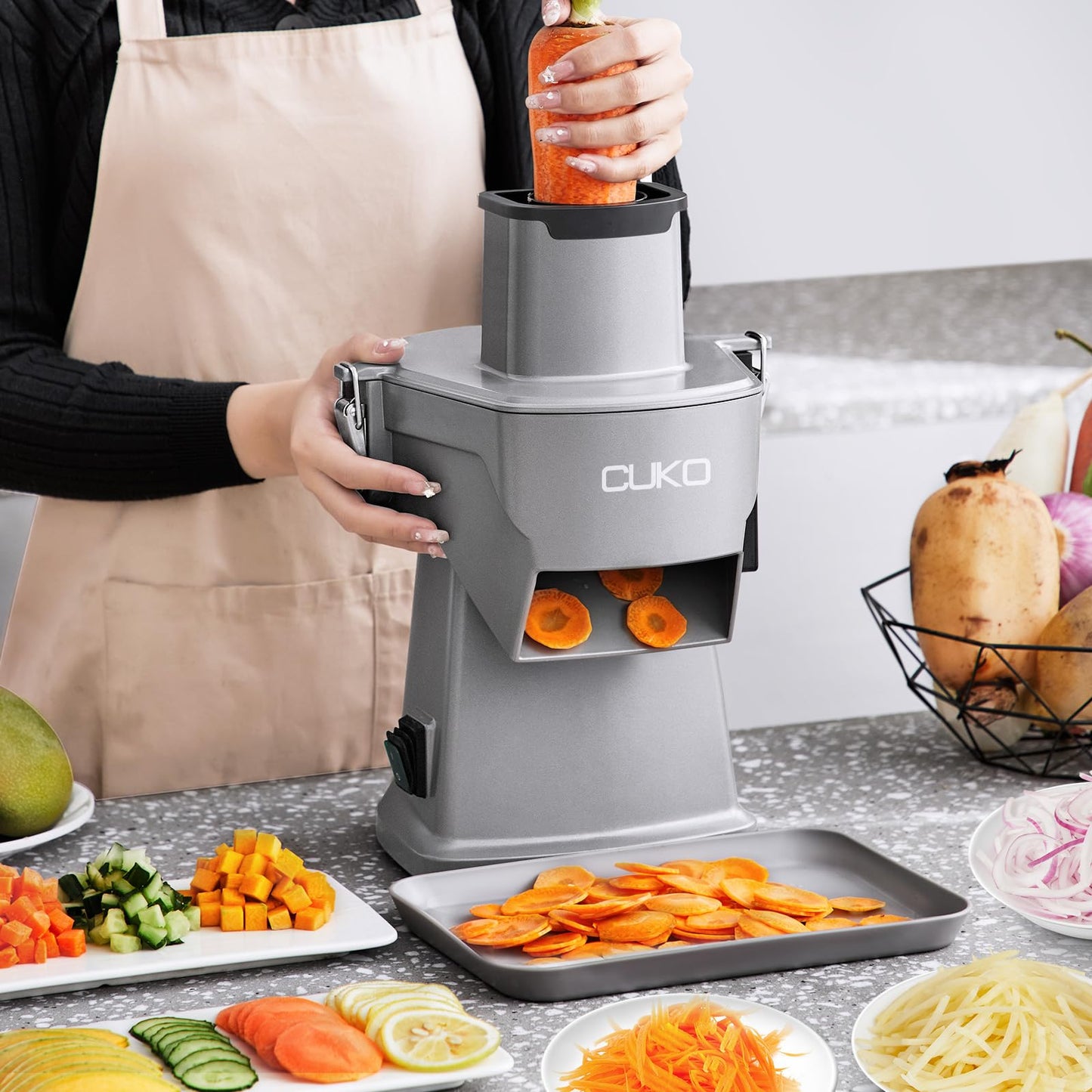 CUKO 4-in-1 Electric Vegetable Chopper, 200W Multifunctional Food Processor, Electric Vegetable Slicer & Dicer with Slicing Shredding Dicing Striping for Home & Commercial Use